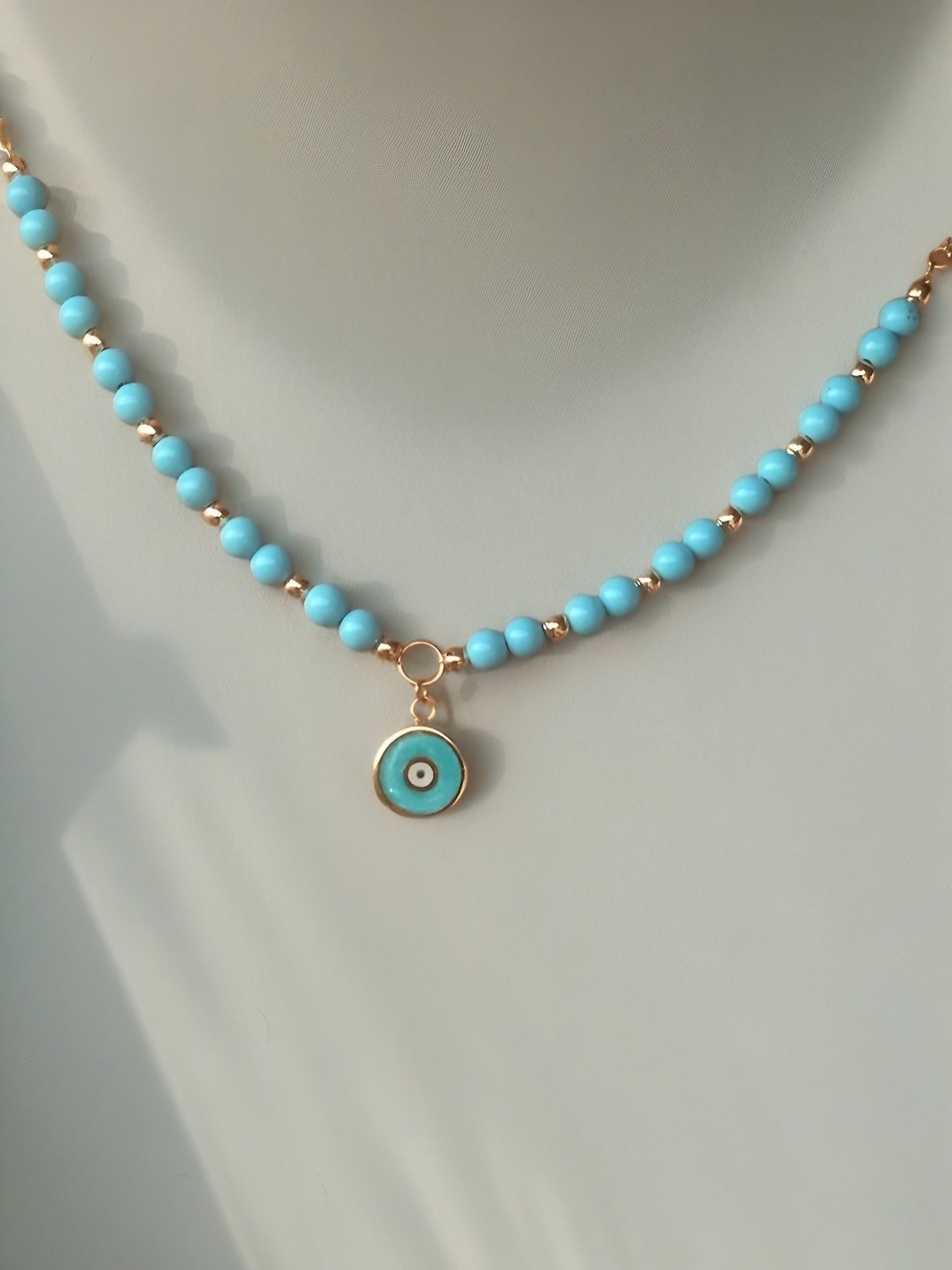 18k solid gold turquoise beaded necklace with evil eye round charm hand enameled | Ella Creations Jewelry