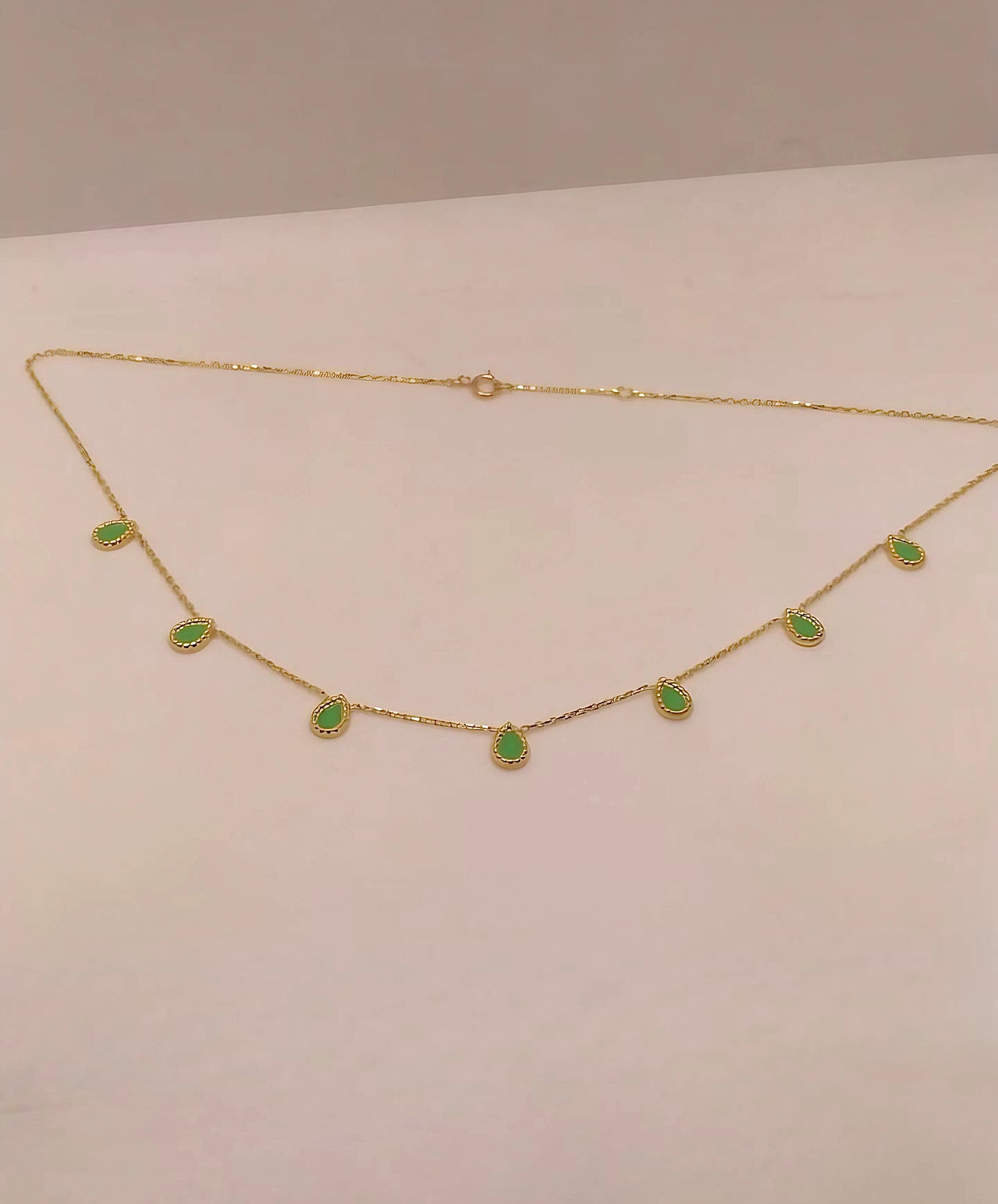 18k gold station necklace featuring drop pear shape enamel charms | Ella Creations Jewelry