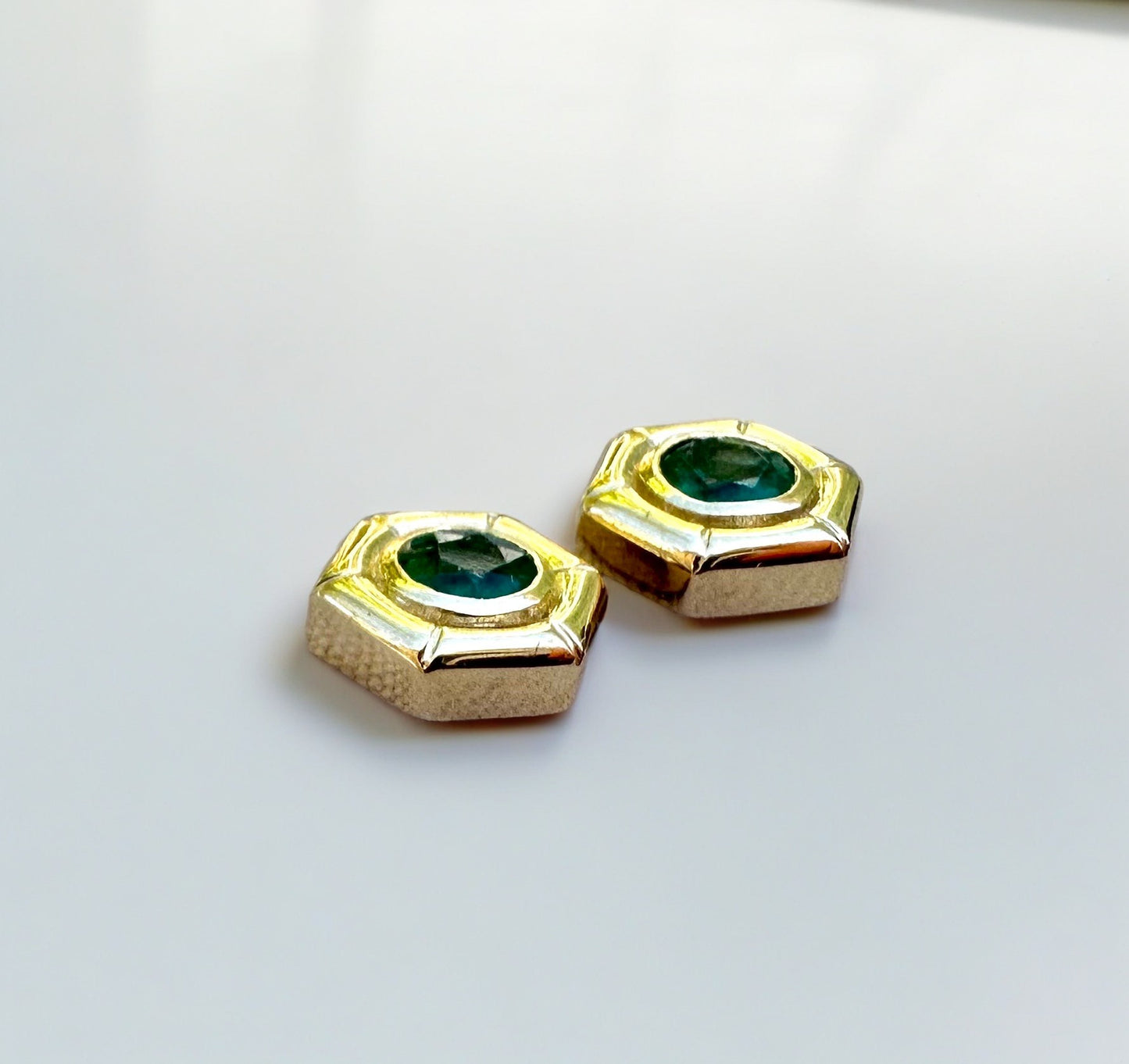 Emerald stud earrings, flatback studs handcrafted in 18 karat gold | Ella Creations Jewelry