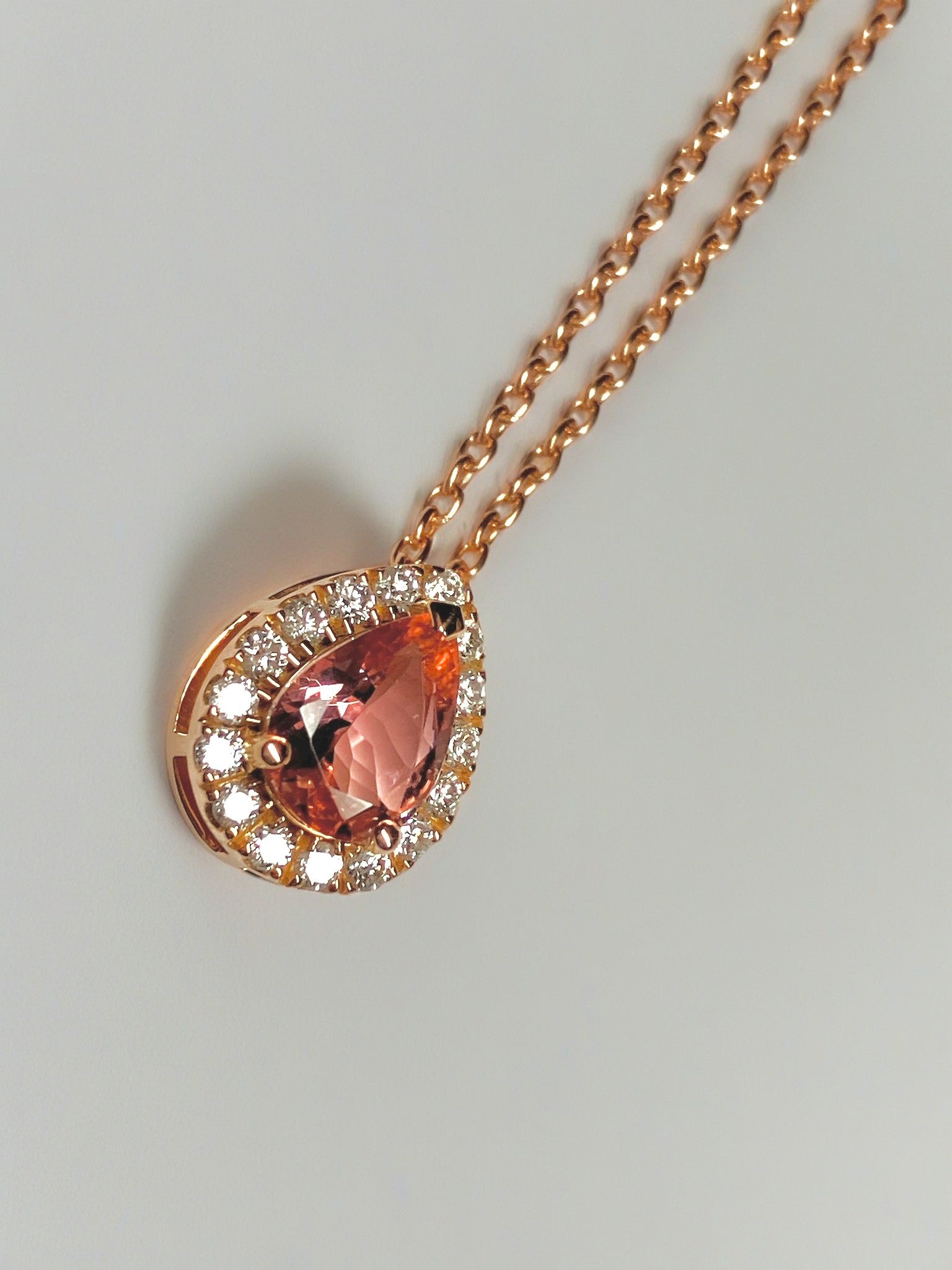 18k rose gold tourmaline pendant necklace with halo diamond setting | Ella Creations Jewelry