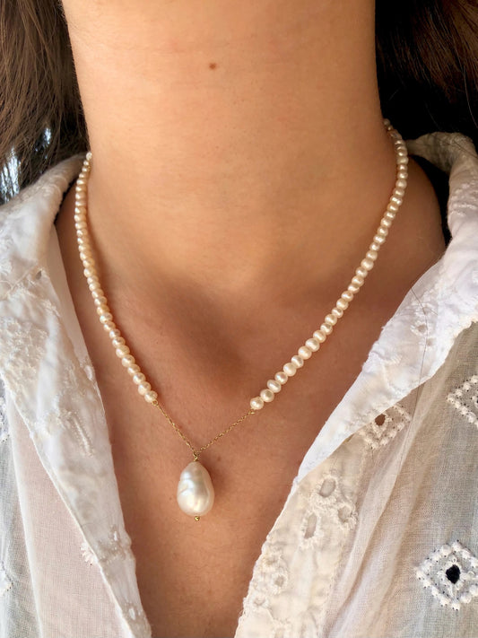 Pearl Beaded necklace with 18k solid gold findings and Baroque pendant | Ella Creations Jewelry