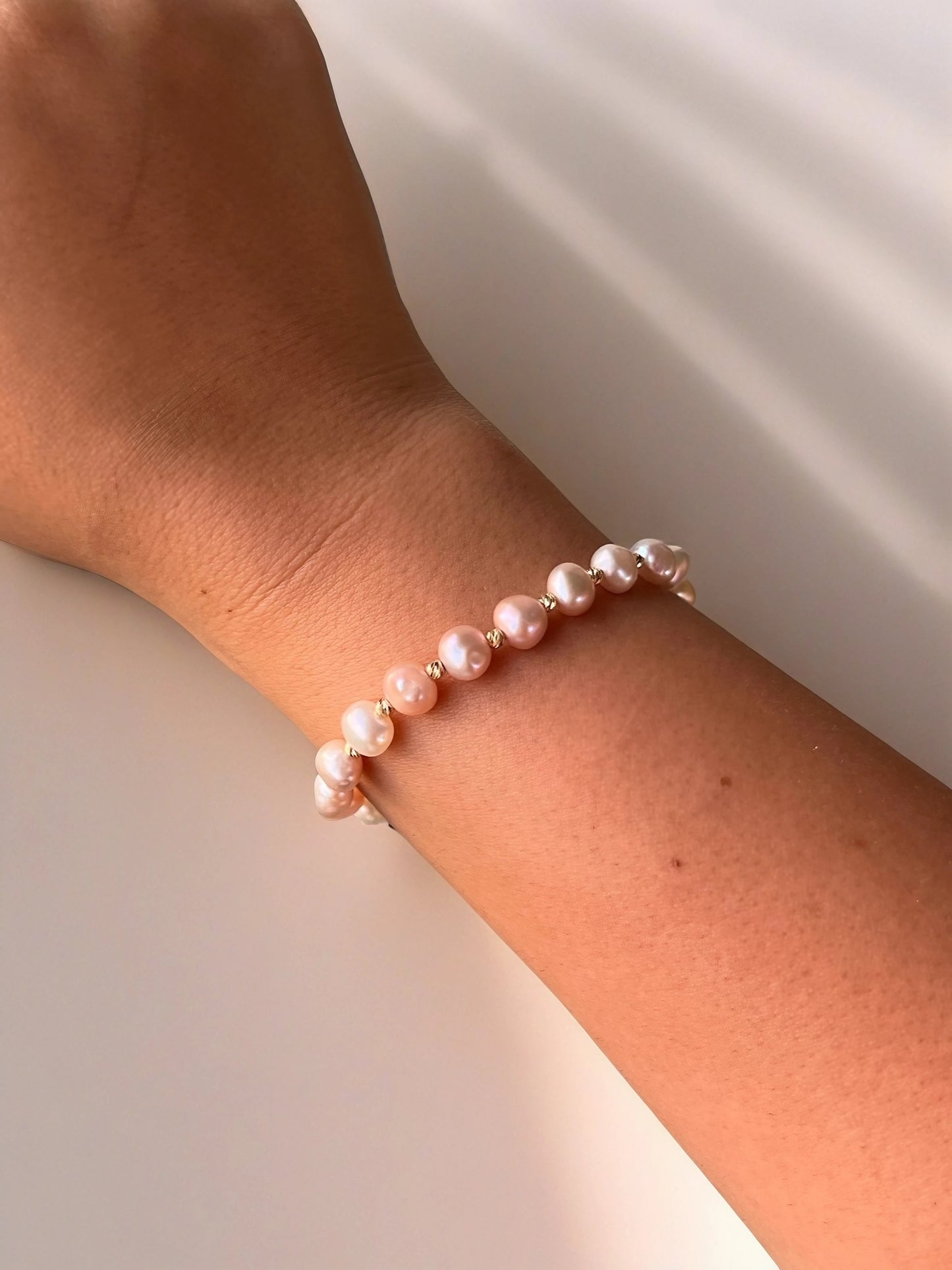 Serenity Pink Freshwater Pearls Bracelet with 18k Solid Gold Beads and findings | Ella Creations Jewelry