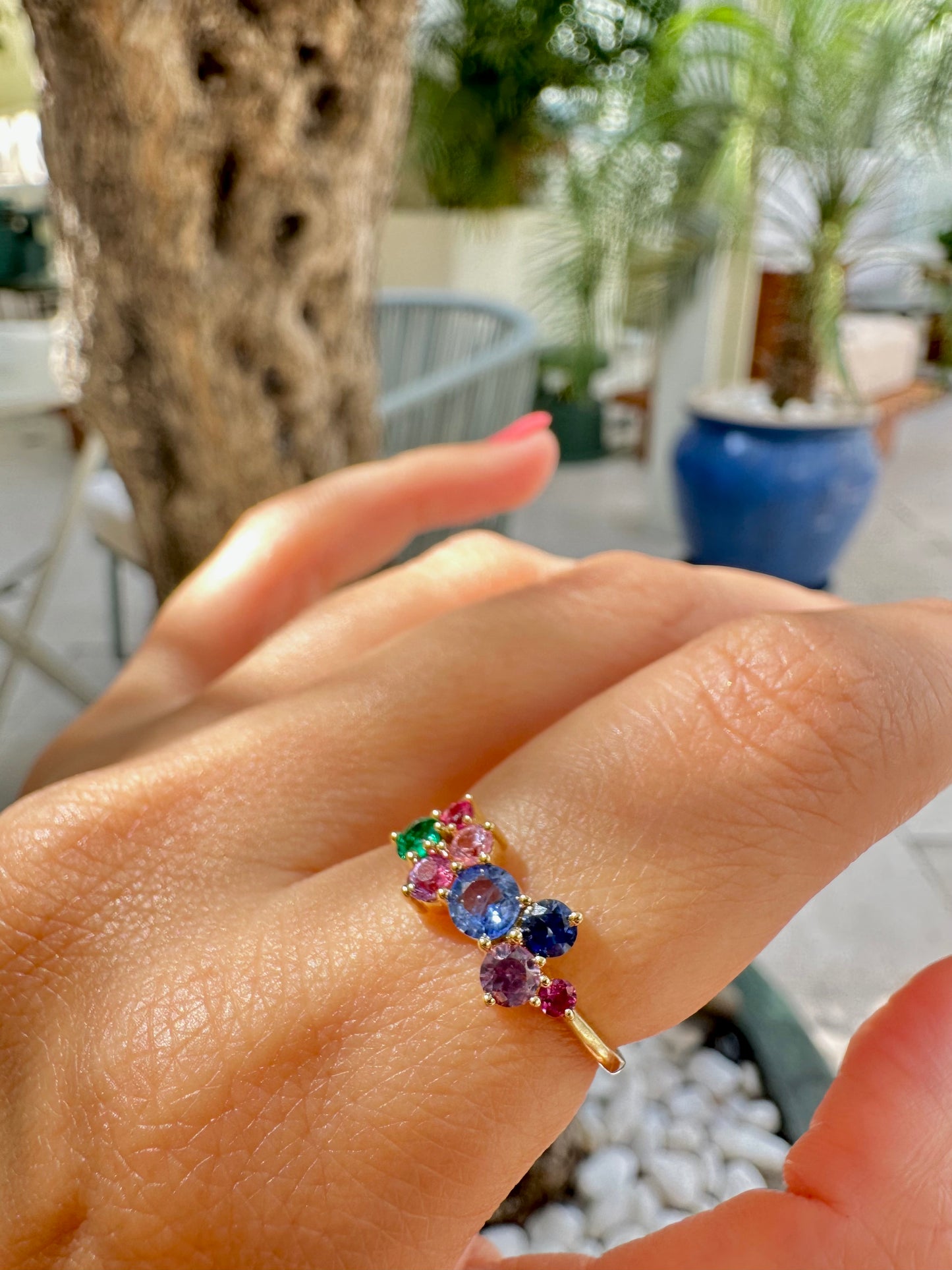 pink purpler blue sapphire and emerald gold ring