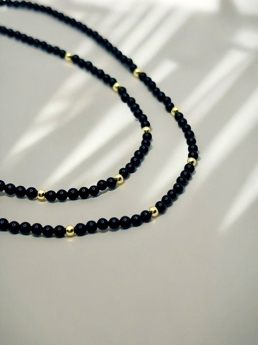 Black Onyx beaded choker necklace with 18k solid gold beads and findings handcrafted | Ella Creations Jewelry