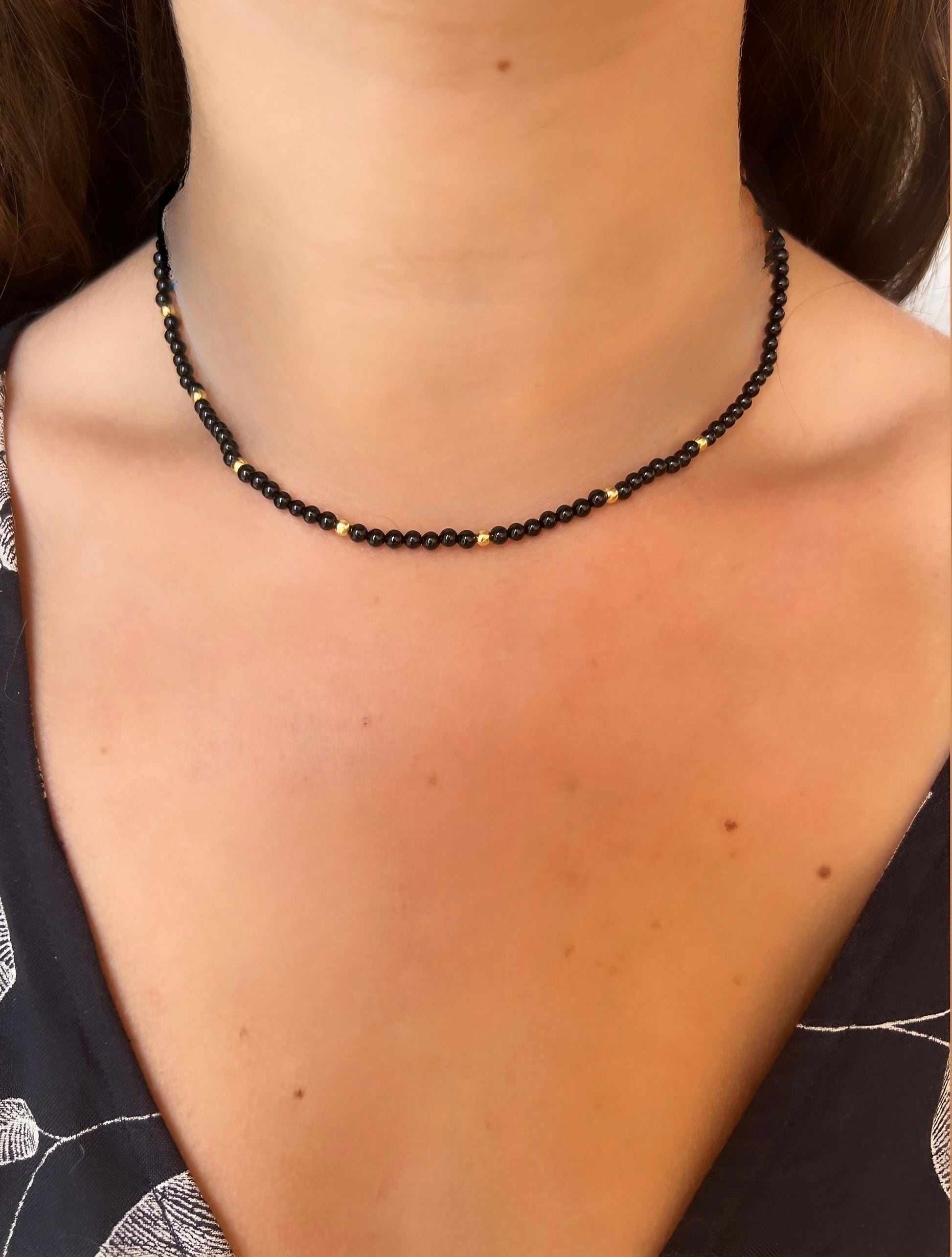 Black Onyx beaded choker necklace with 18k solid gold beads and findings handcrafted | Ella Creations Jewelry