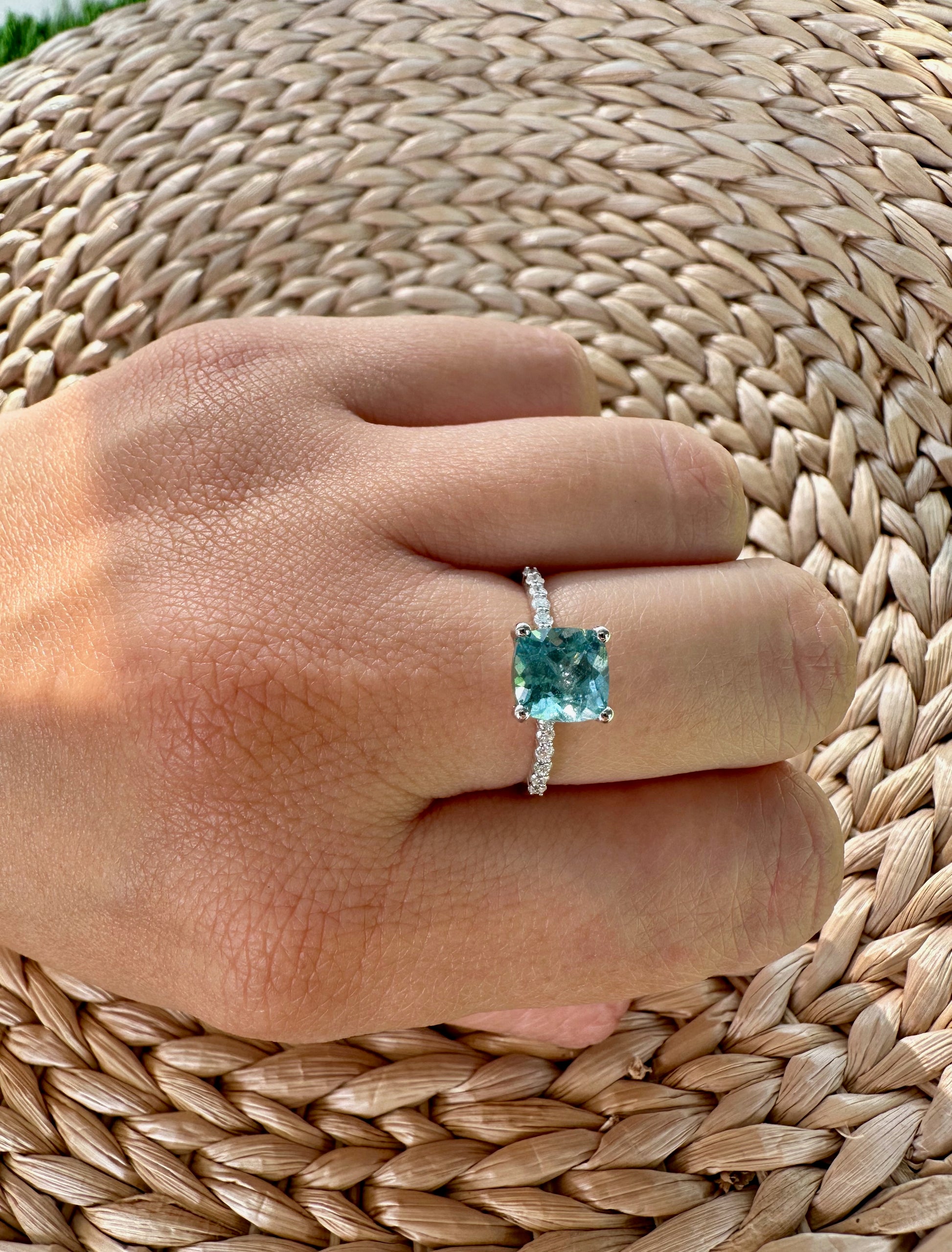 Blue tourmaline and diamonds engagement ring handcrafted in white gold | Ella Creations Jewelry