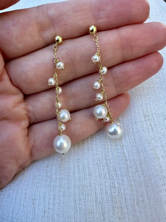 Cluster Pearl Earrings handcrafted in 18 karat gold featuring freshwater pearls in different sizes, perfect for a Bride Pearl Earrings | Ella Creations Jewelry