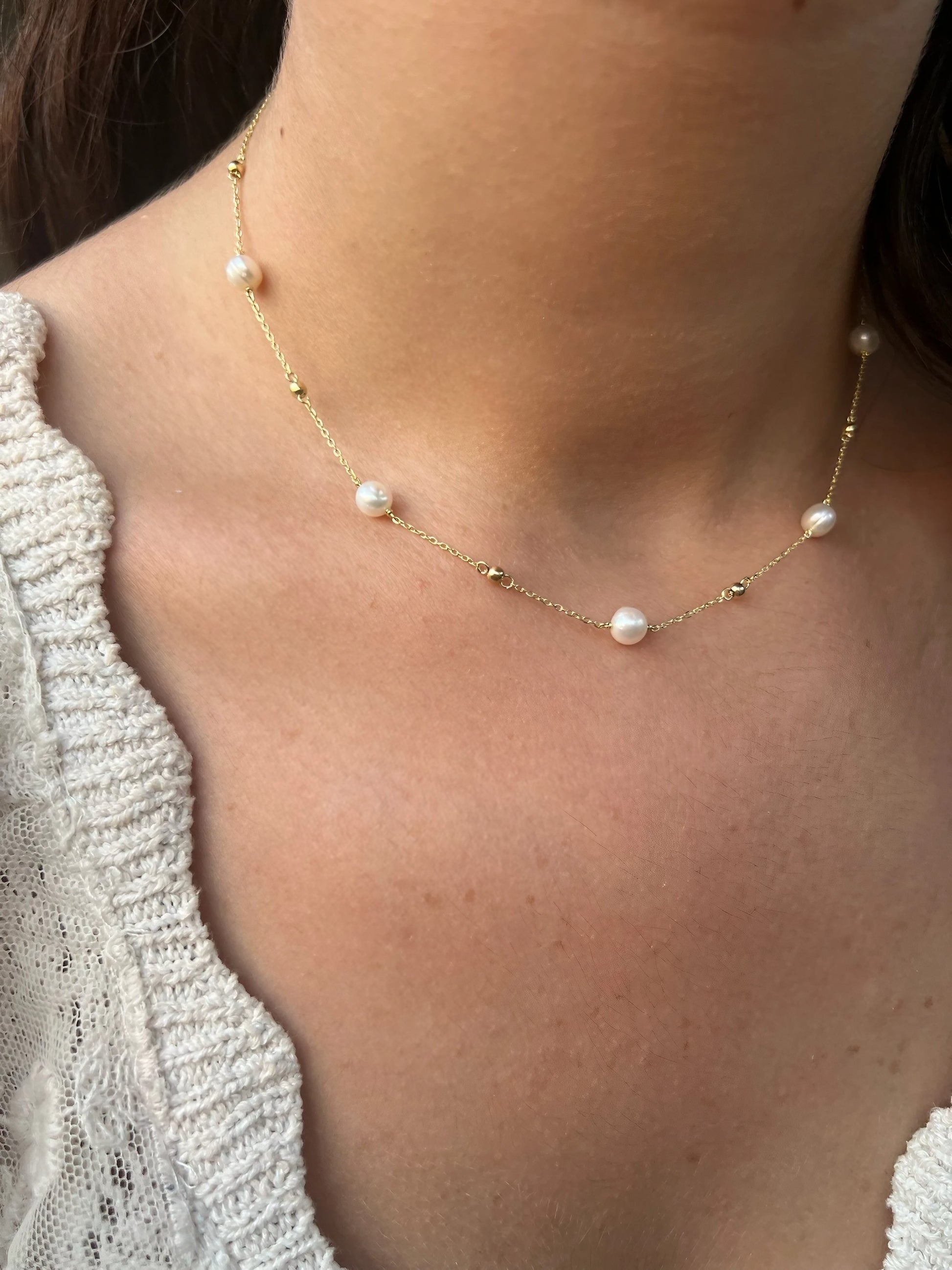 Gold Chain Necklace with round white pearls in station setting| Ella Creations Jewelry