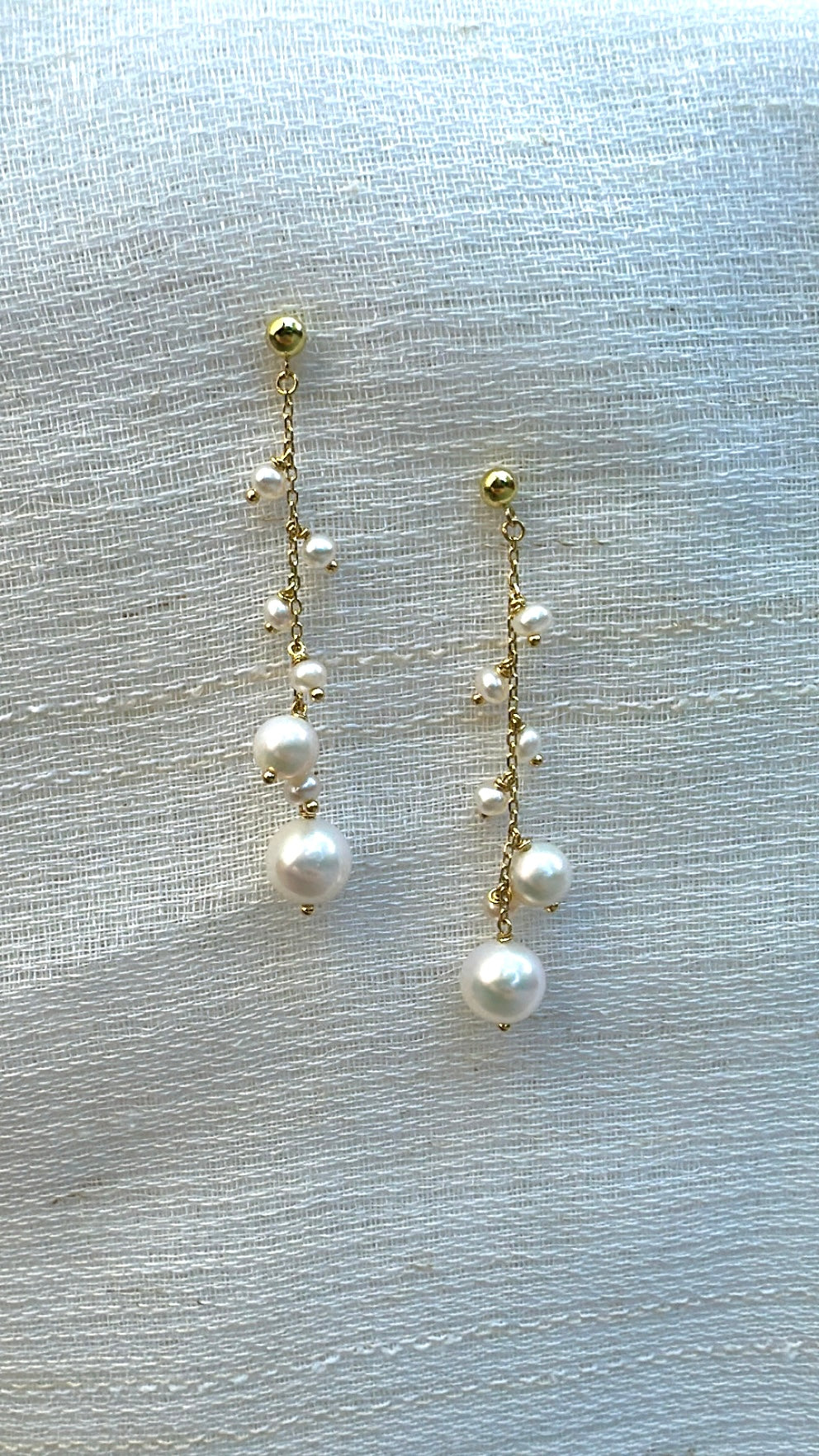 Cluster Pearl Earrings handcrafted in 18 karat gold featuring freshwater pearls in different sizes, perfect for a Bride Pearl Earrings | Ella Creations Jewelry