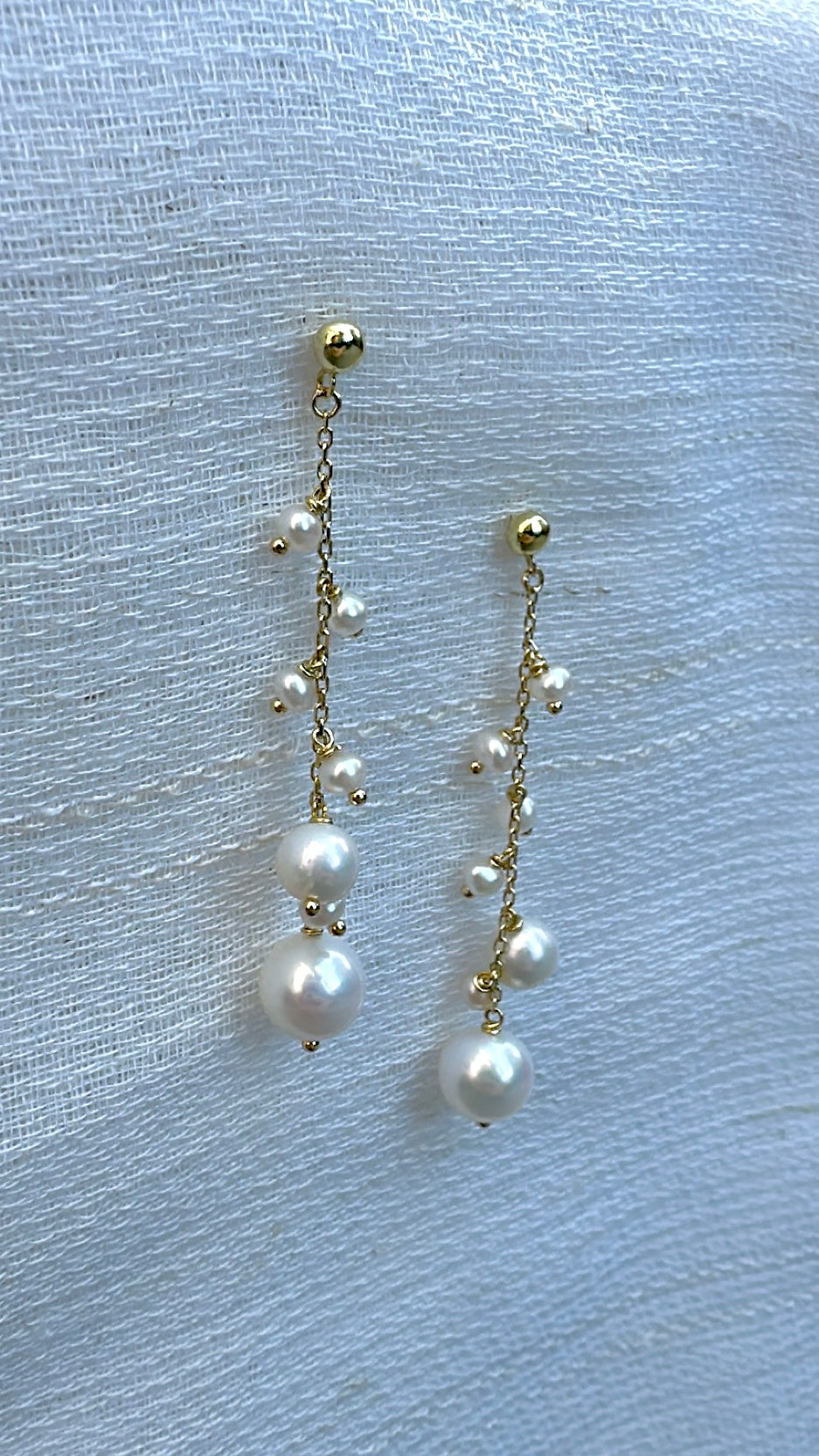 Cluster Pearl Earrings handcrafted in 18 karat gold featuring freshwater pearls in different sizes, perfect for a Bride Pearl Earrings | Ella Creations Jewelry