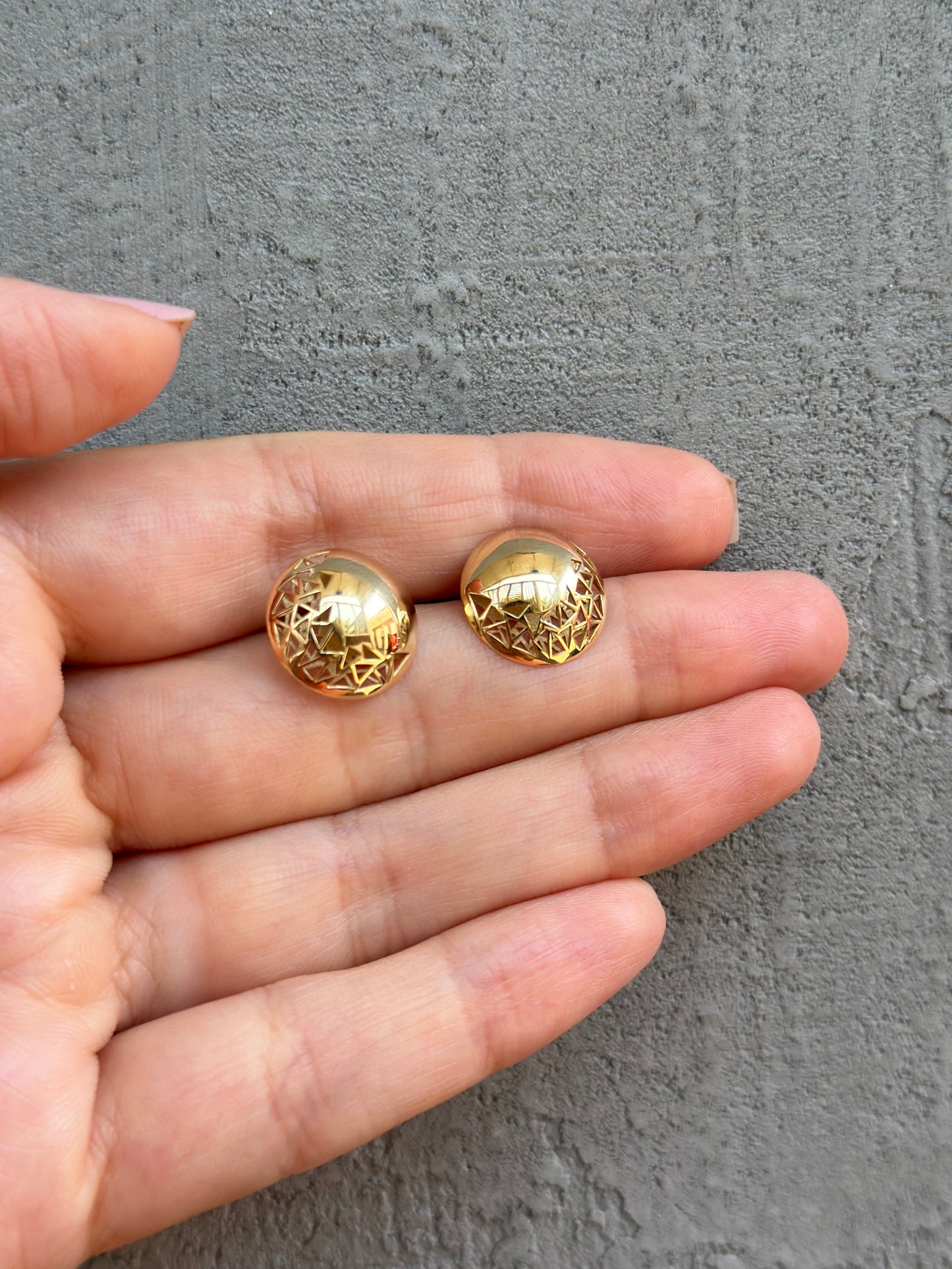 Dome Earrings with geometric cutouts and flat back customizable in 18k yellow, rose gold and white golf | Ella Creations Jewelry