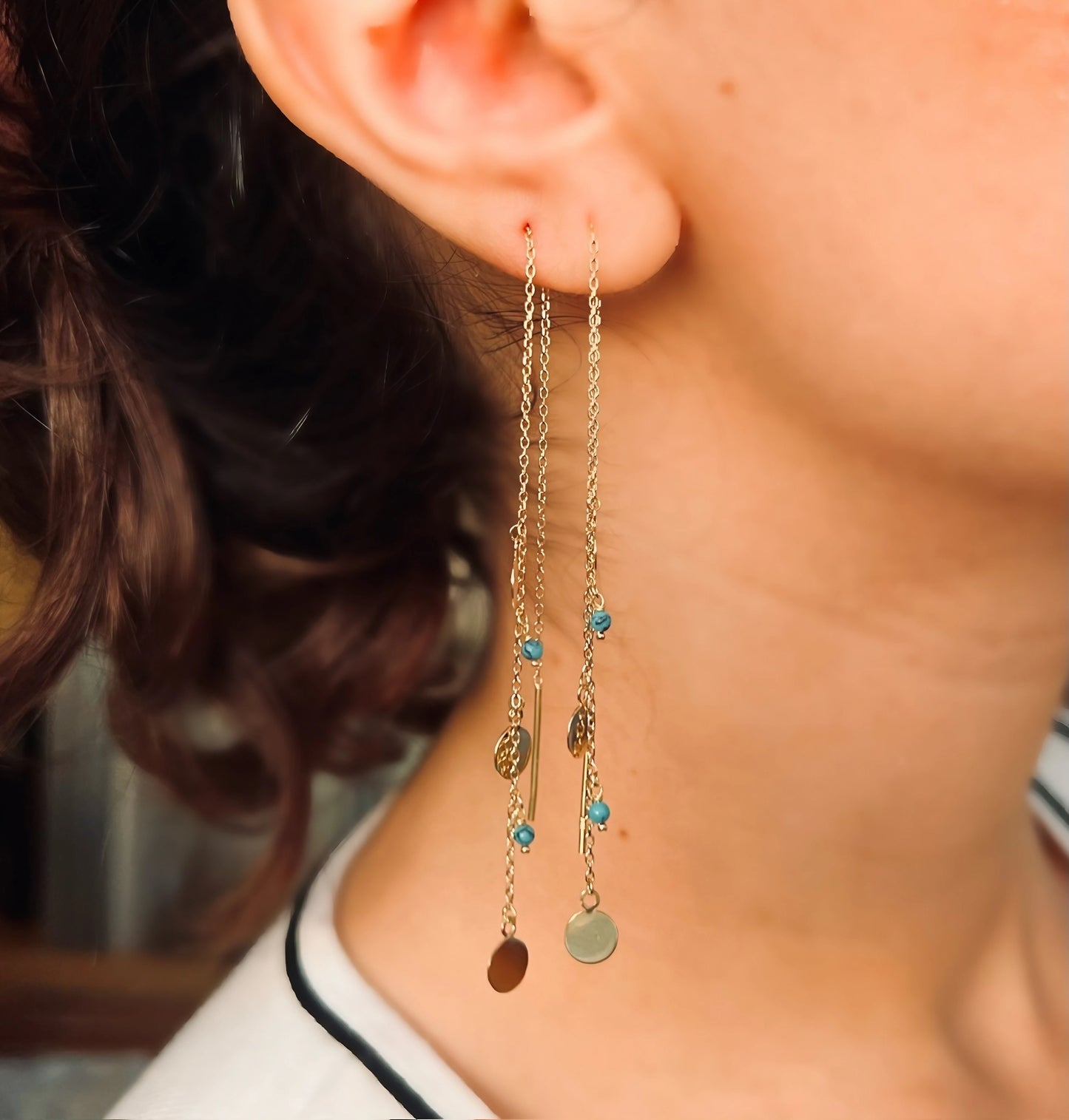 Threader Earrings | Turquoise beads and gold discs