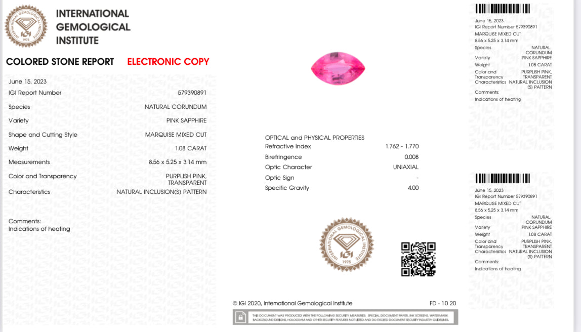 Pink Sapphire 1.08ct IGI certified