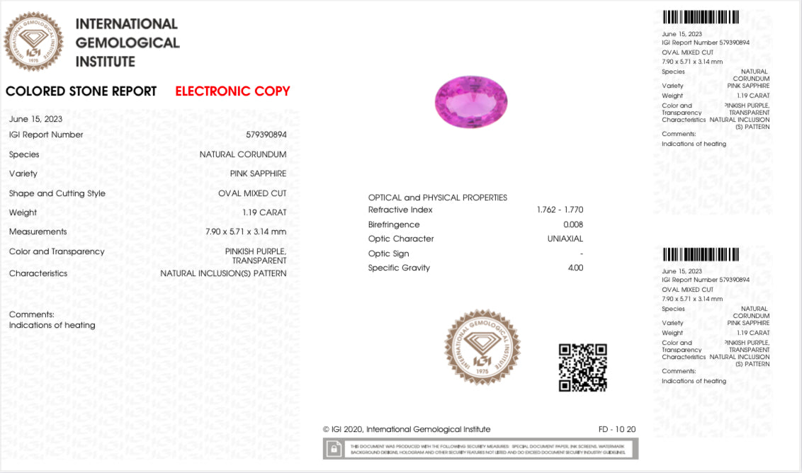 Pink Sapphire 1.19CT IGI certified