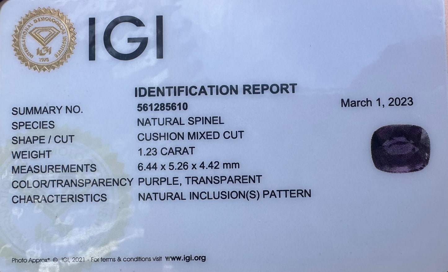 Spinel 1.23CT IGI certified