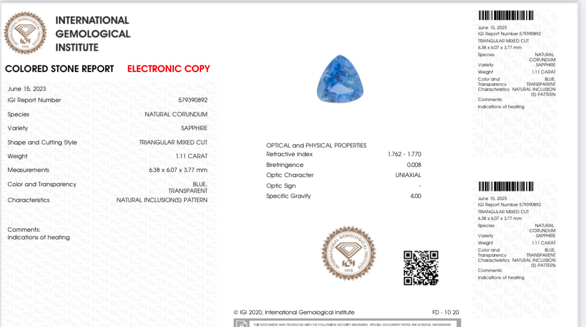 Blue Sapphire 1.11CT IGI certified