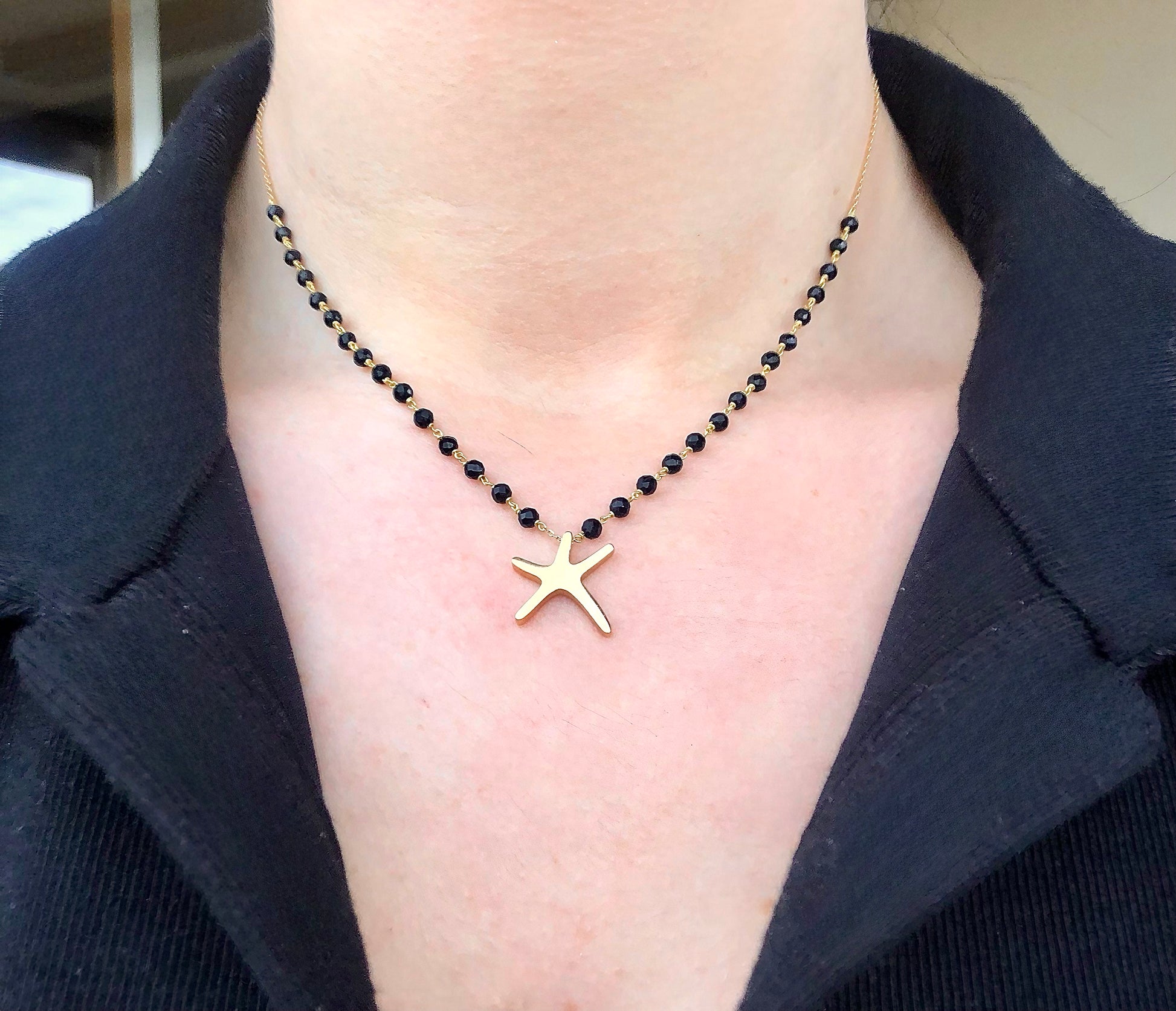Starfish pearl and Onyx 18k gold necklace | Ella Creations Jewelry