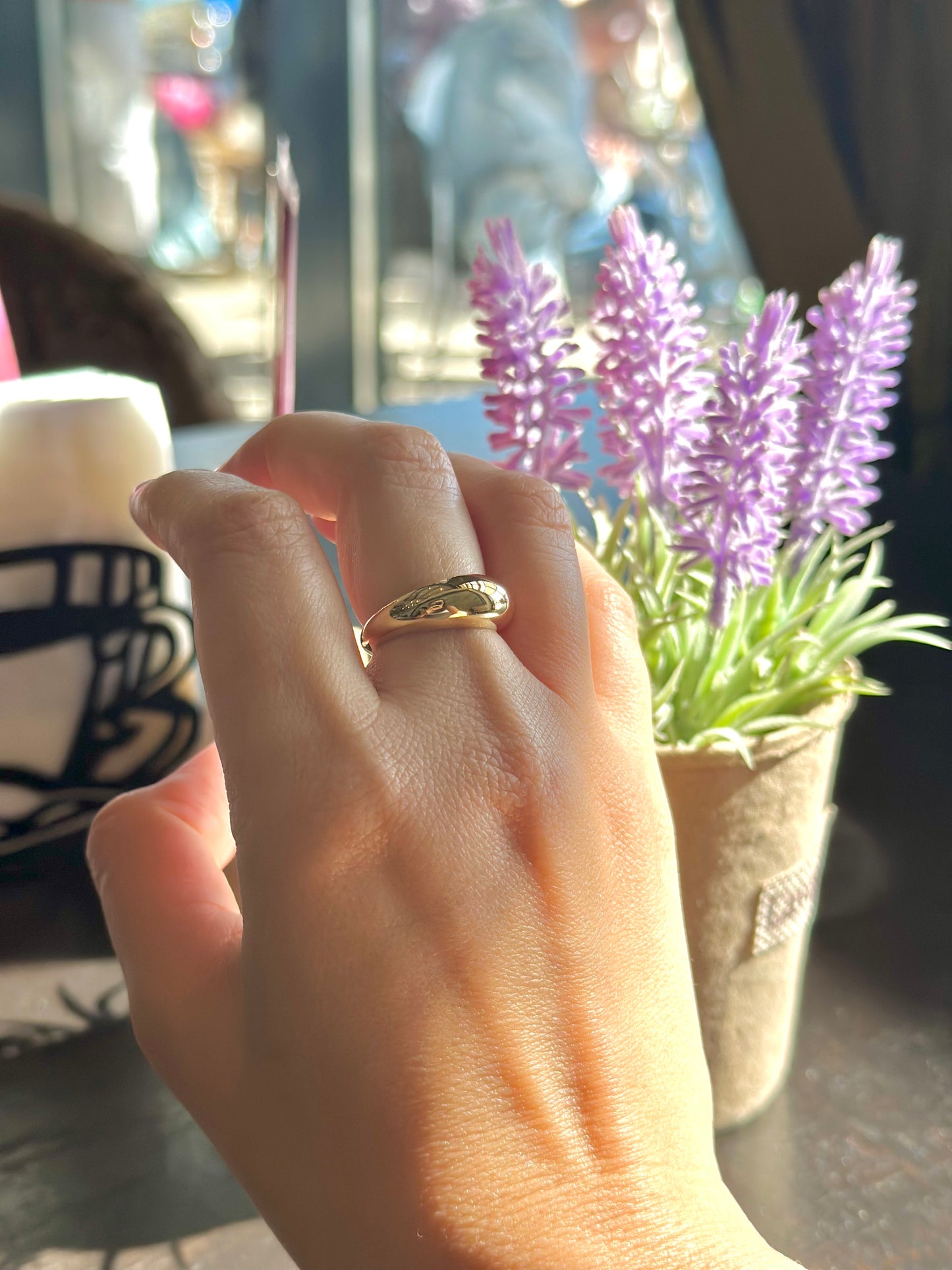  Gold Dome Ring handcrafted in 18k gold, the ban tampers from 7.5mm to 3mm | Ella Creations Jewelry 