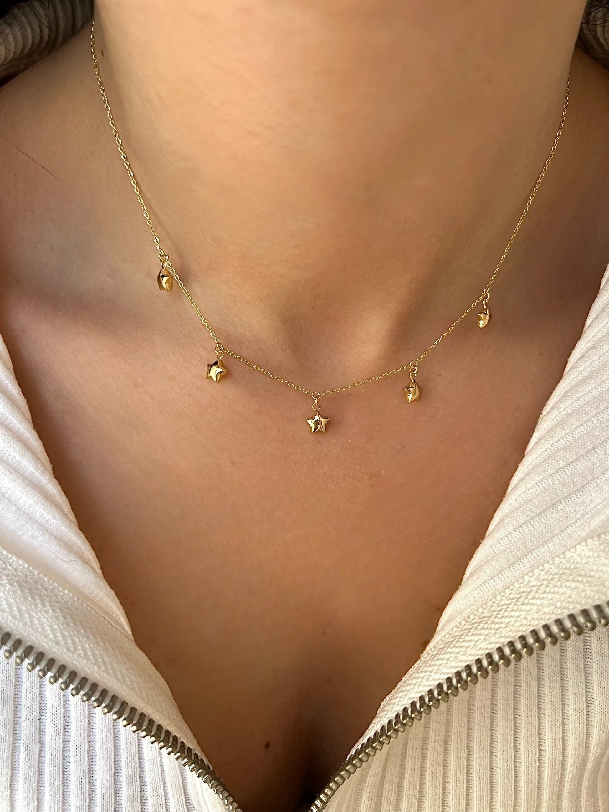 Gold Stars Necklace featuring dangling puffy stars in 18 karat Gold available in 16" and can be customized | Ella Creations Jewelry