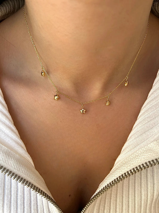 Gold Stars Necklace featuring dangling puffy stars in 18 karat Gold available in 16" and can be customized | Ella Creations Jewelry