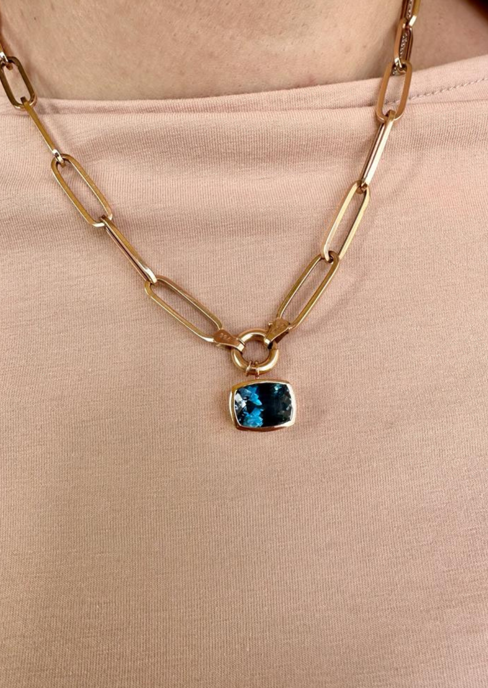 London Blue Topaz pendant handcrafted in 18 karat gold | Ella Creations Jewelry