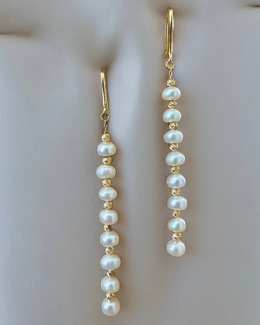 Long pearl earrings with gold beads and fresh water pearls handcrafted in 18 karat gold | Ella Creations Jewelry