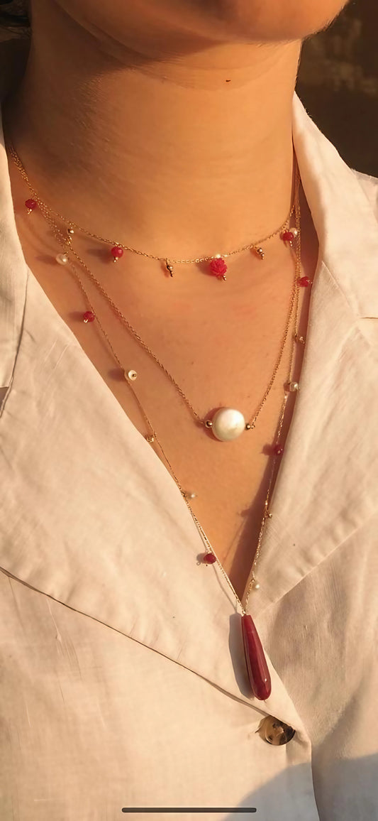 Long pearl gold necklace, featuring a coin edge pearl with gold bead and 18k chain | Ella Creations Jewelry