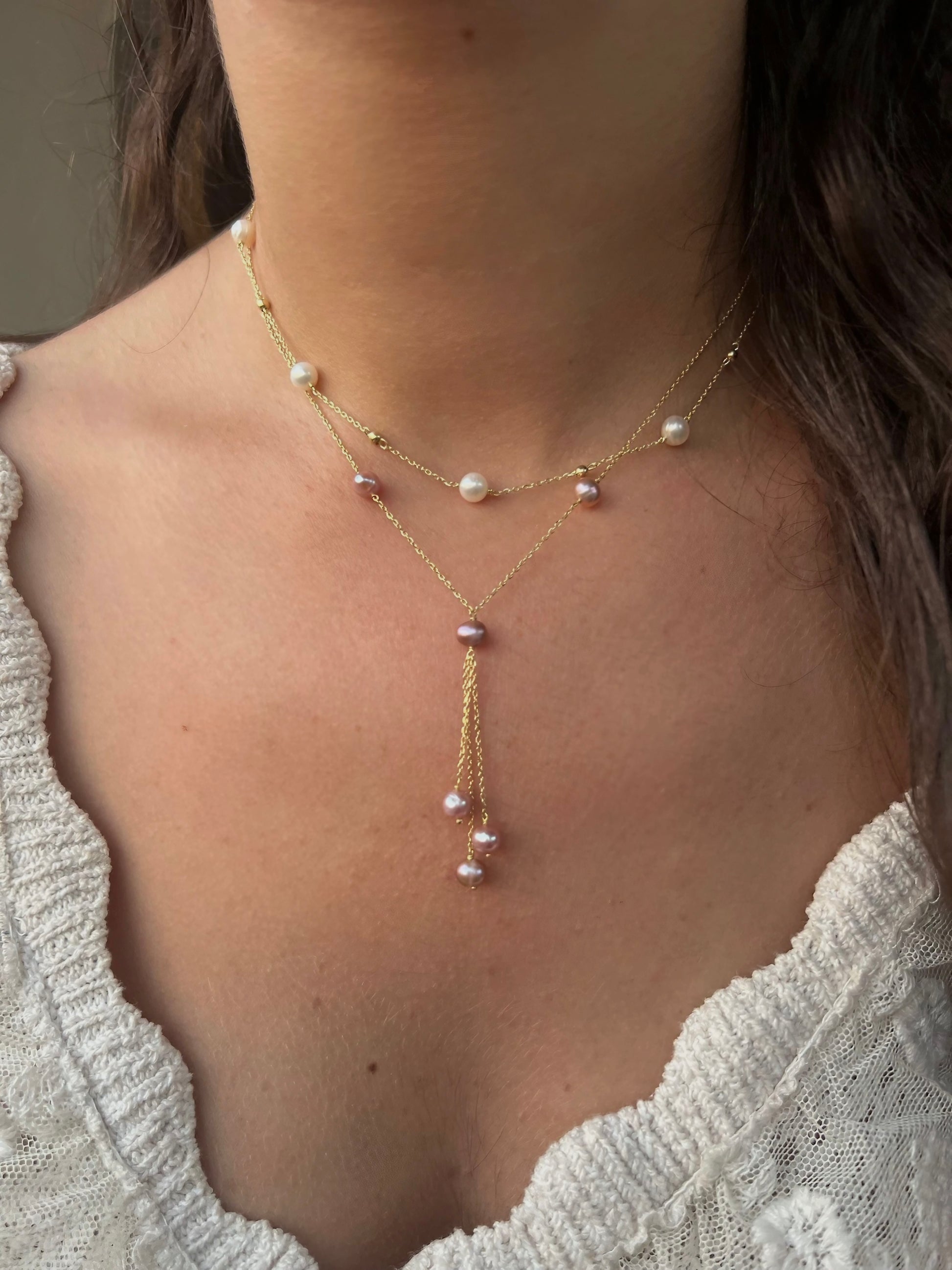 18k gold Pearl jewelry with gold chain and white pink freshwater Pearls | Ella Creations Jewelry