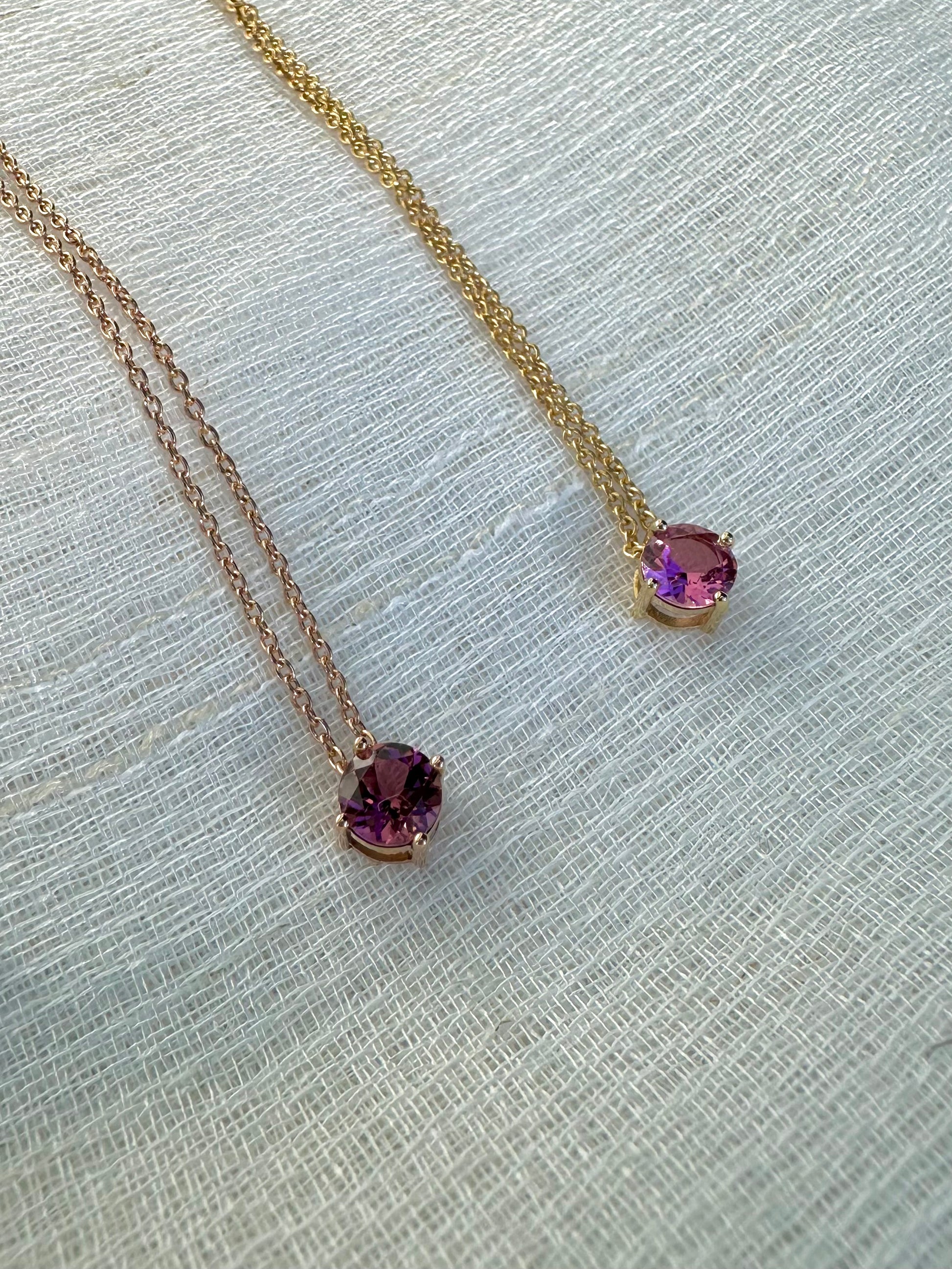 Pink tourmaline pendant necklaces handcrafted in 18 karat gold, you can opt for the standalone pendant or pendant with necklace | Ella Creations Jewelry