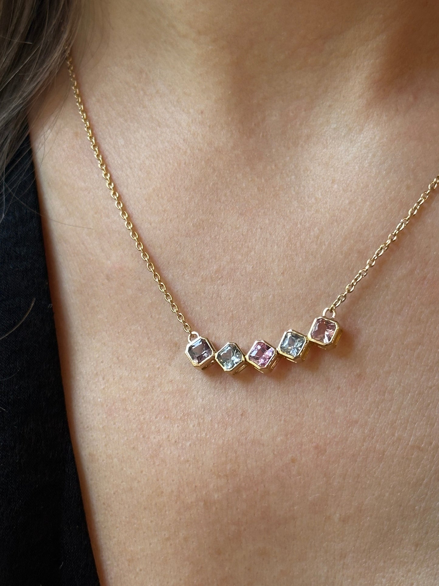 Gold Sapphire necklace handcrafted in 18 karat gold featuring multicolor sapphire in asscher cut | Ella Creations Jewelry