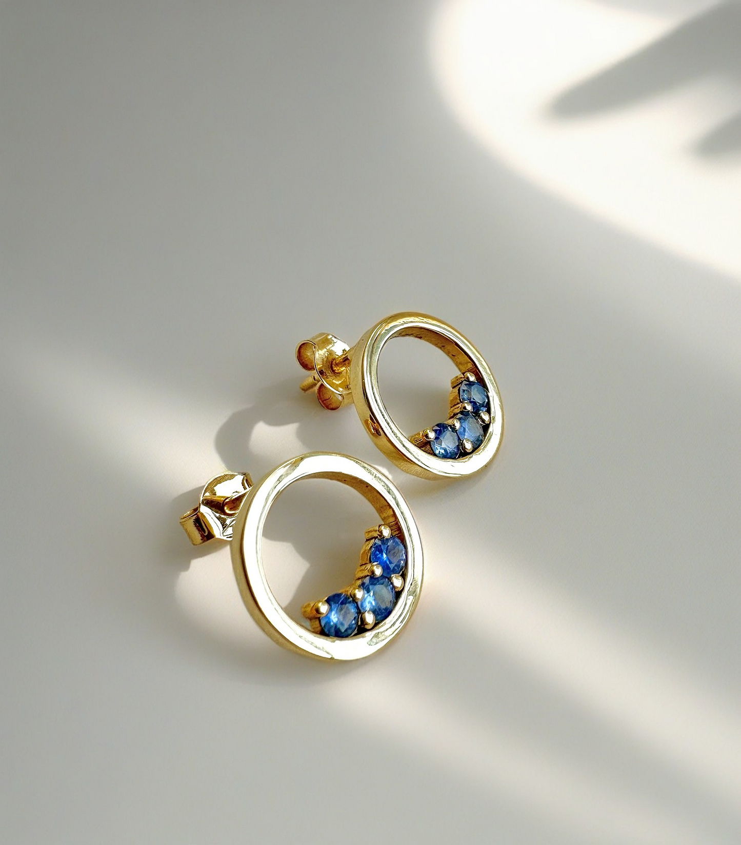 Sapphire Stud Earrings, handcrafted in 18 karat gold, round stud earrings design | Ella Creations Jewelry