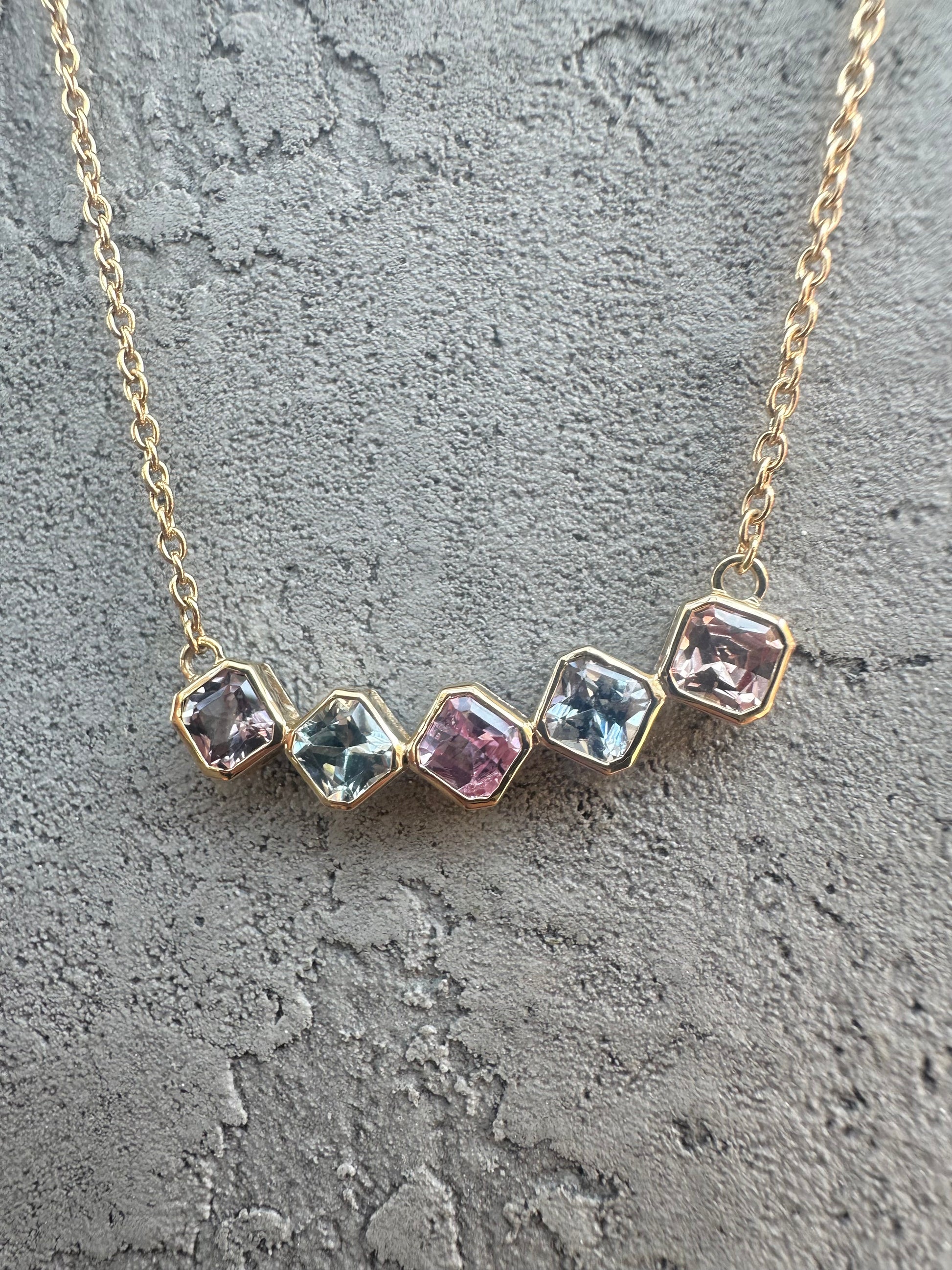 Gold Sapphire necklace handcrafted in 18 karat gold featuring multicolor sapphire in asscher cut | Ella Creations Jewelry