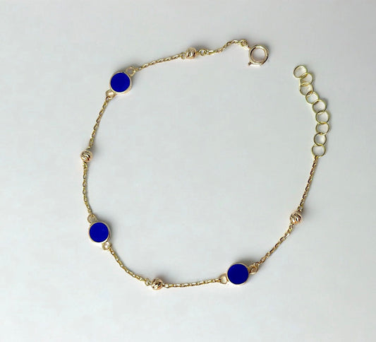 Handcrafted solid gold bracelet, perfect for an everyday bracelet option, whether you decide to wear it alone or stack it with other bracelets. The dainty chain is adorned with 3 exquisite circles, each featuring a hand-applied enamel finish of your choice and 4 gold beads. This elegant bracelet is thoughtfully designed with rings extension for an adjustable length | Ella Creations Jewelry