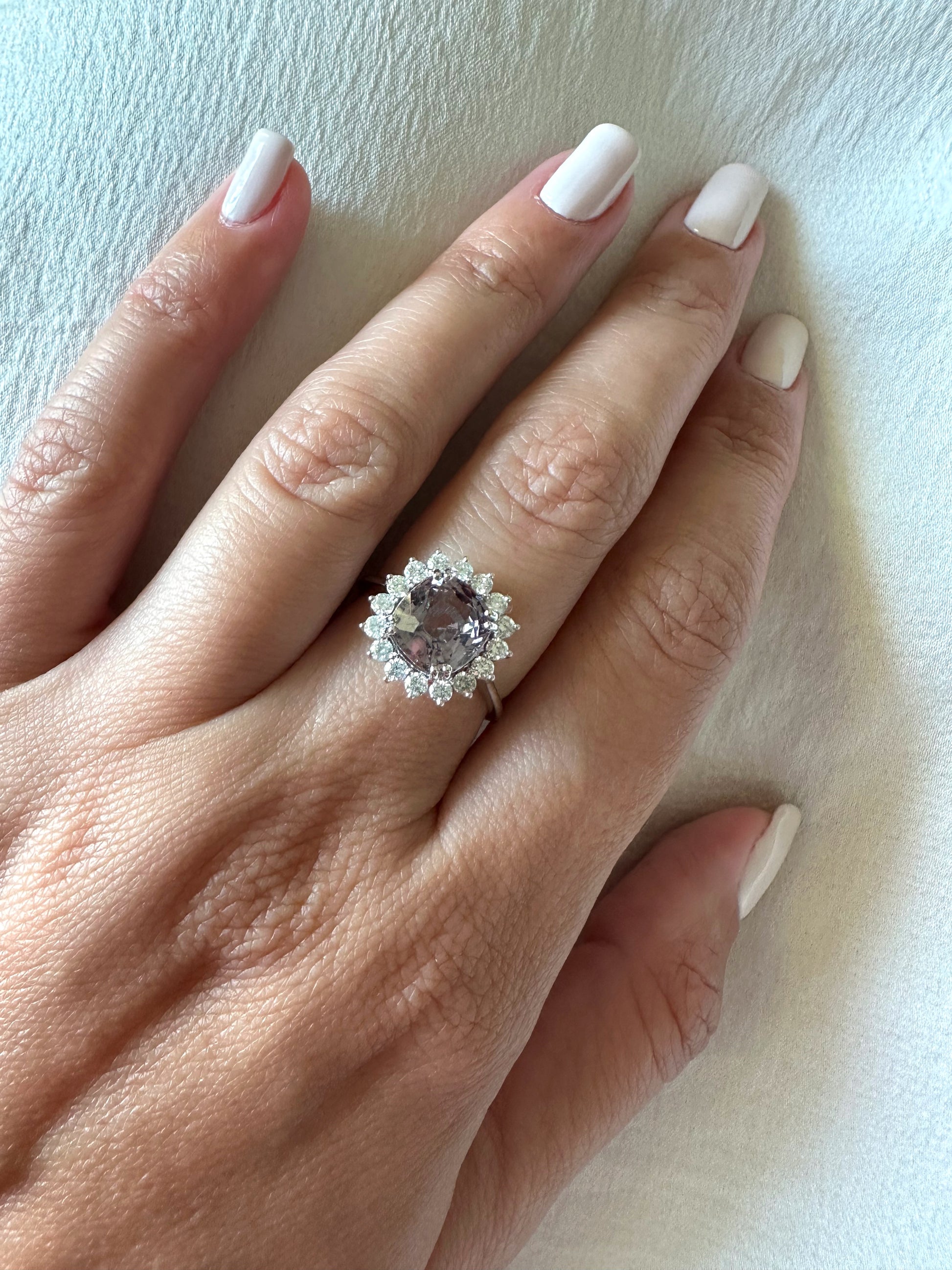 Spinel Ring with diamonds handcrafted in 18 karat white gold. Spinel is August birthstone | Ella creations jewelry