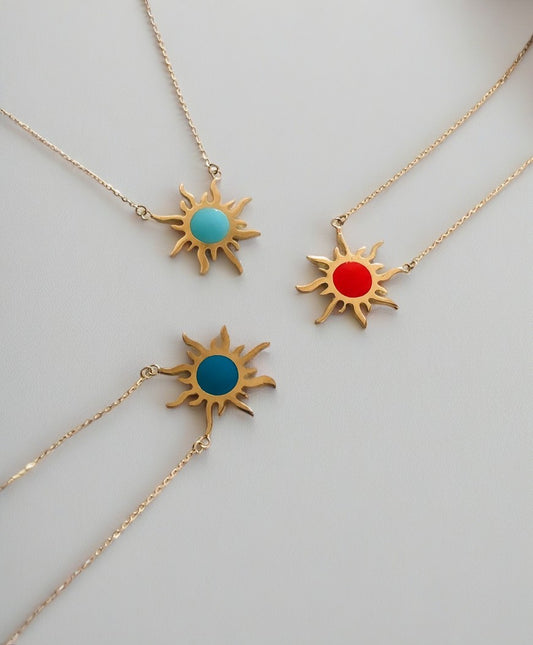 Sun gold necklace 18k solid gold and hand-applied enamel | Ella Creations Jewelry