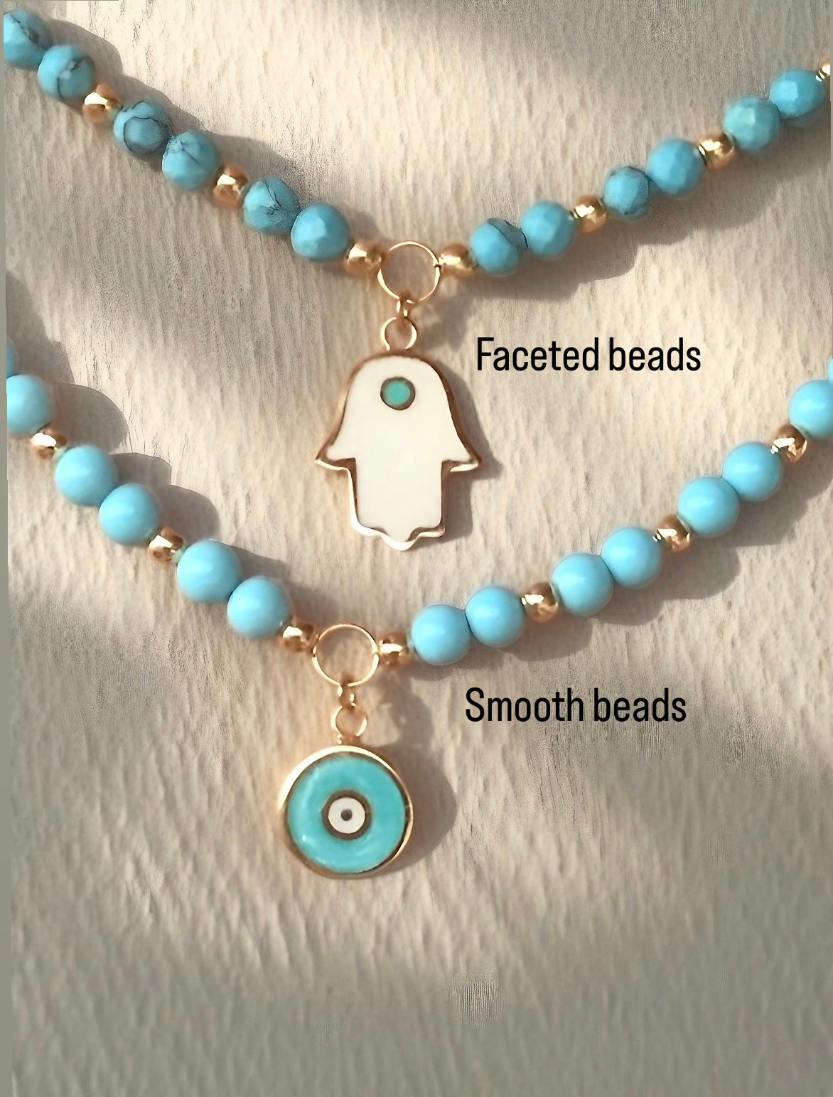 18k gold chain necklace with turquoise beads and hamsa enamel charm | Ella Creations Jewelry