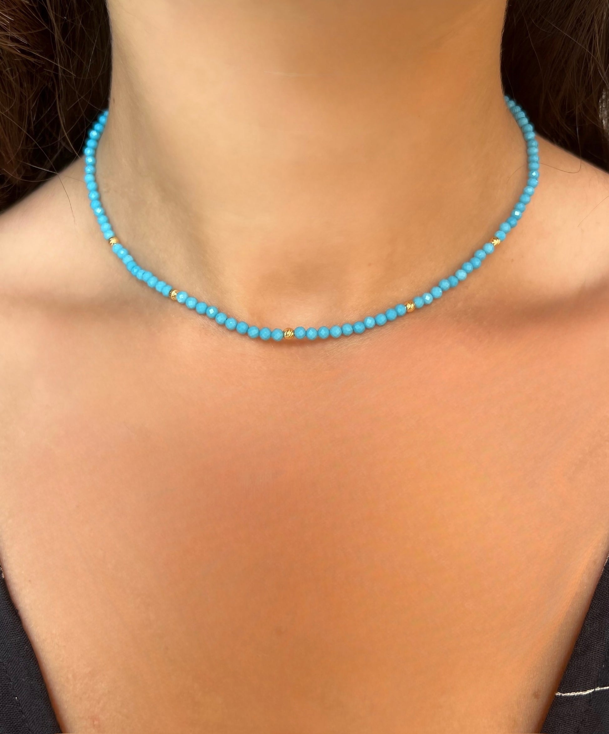 Turquoise choker necklace with 3mm turquoise beads and 18k solid gold beads and findings handcrafted | Ella Creations Jewelry