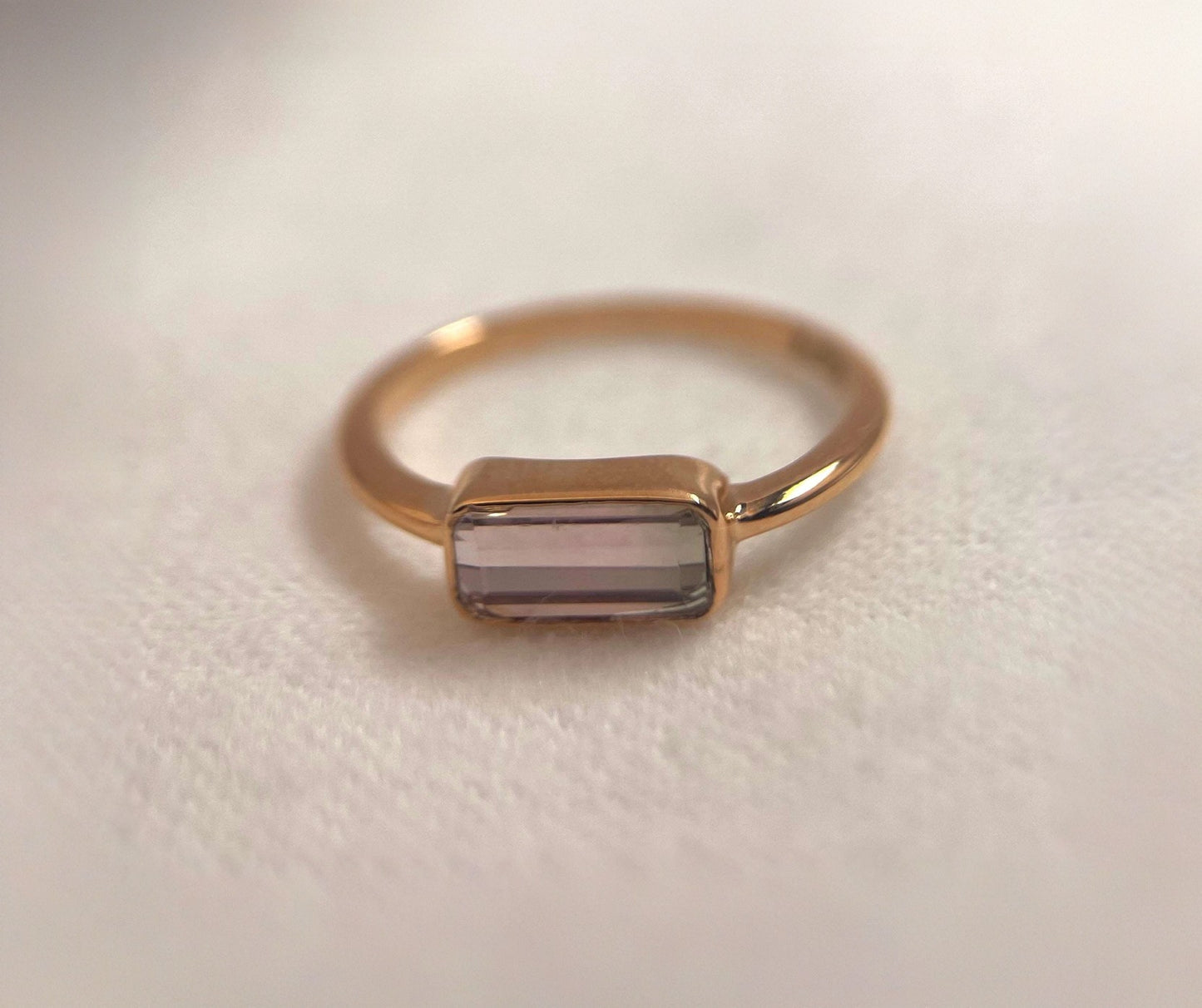 Bicolor pink tourmaline ring handcrafted in 18k rose gold available in size 6.5 US