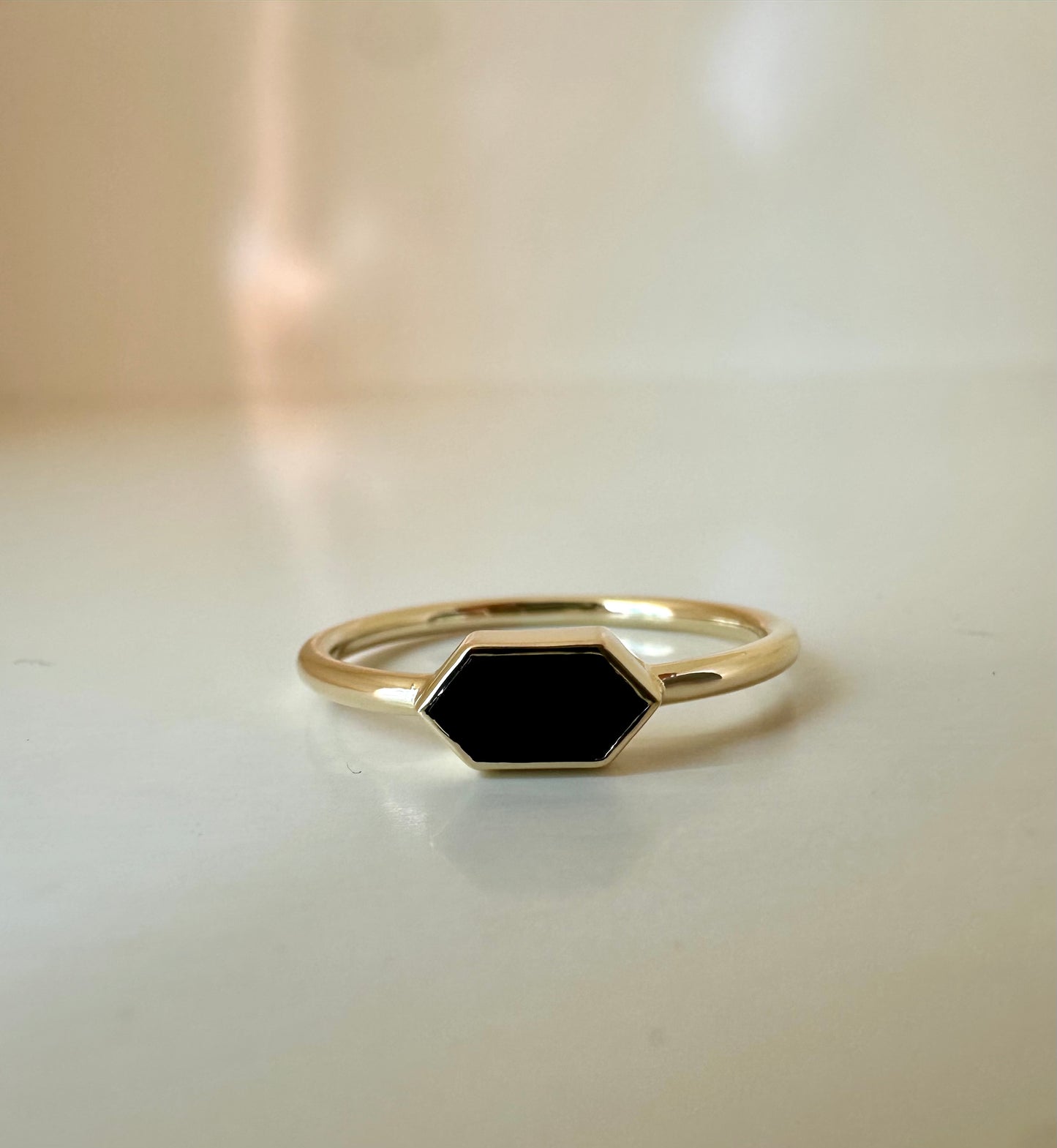 Hexagon ring with Black Onyx bezel set in 18k solid gold | Ella creations Jewelry 