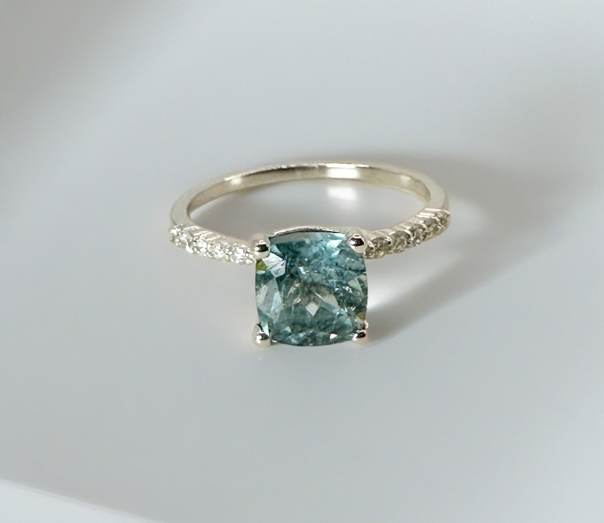 Blue tourmaline and diamonds engagement ring handcrafted in 18k solid white gold | Ella Creations Jewelry 