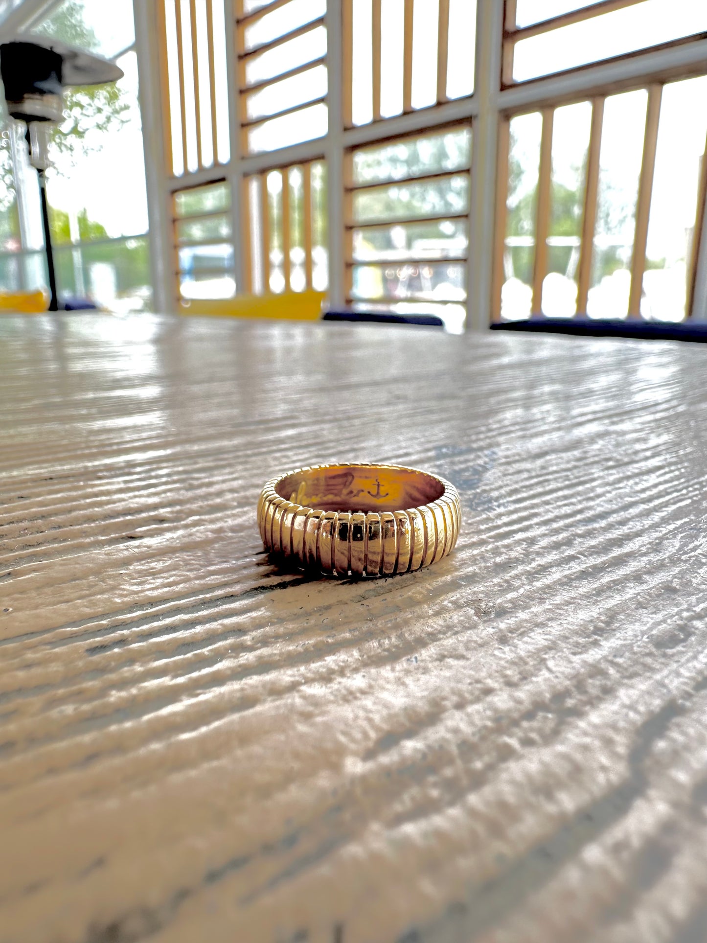 Wide Gold Ring with a ribbed surface texture, wear it as chunky wedding band or a standalone chunky ring, handcrafted in 18k solid gold | Ella Creations Jewelry