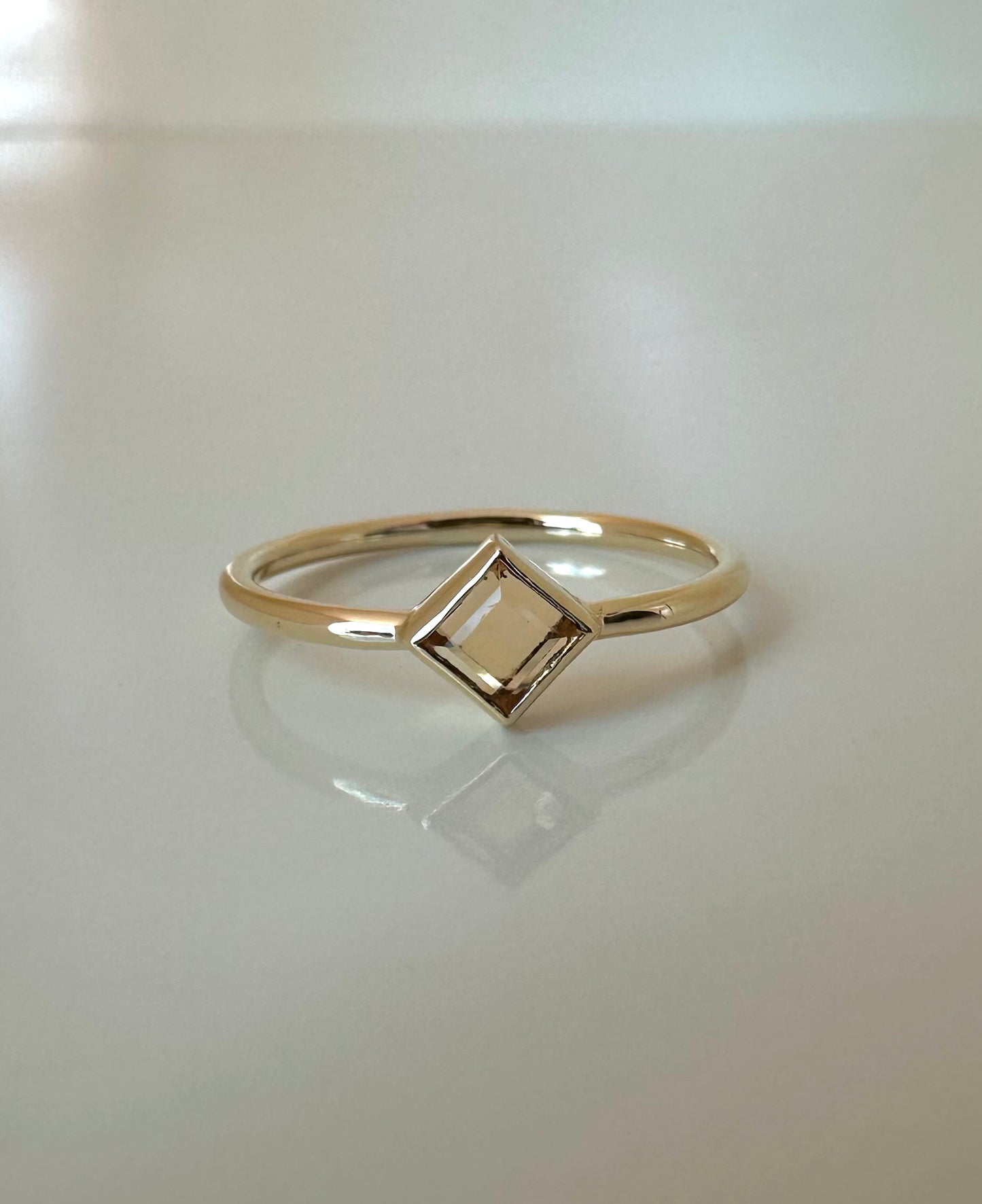 Elegant and dainty Rhombus rings,  Handcrafted in 18k solid yellow gold, each features a thin band ring with a unique Rhombus bezel setting that showcases citrine stone | Ella Creations Jewelry