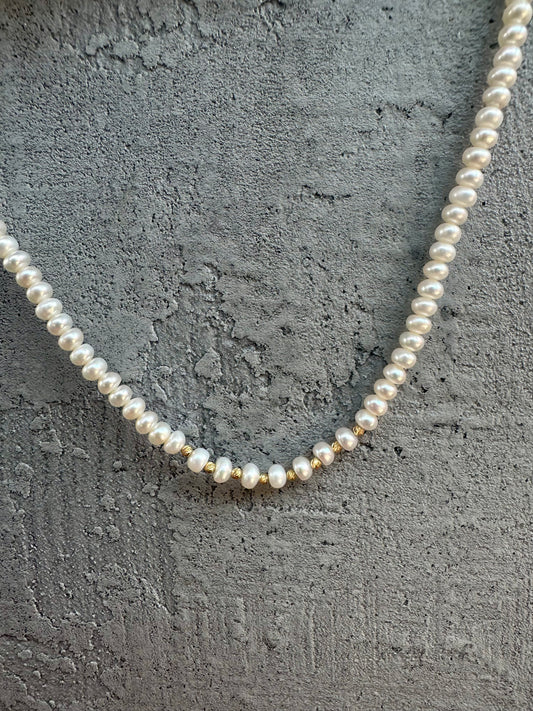 Dainty Pearl choker with center gold beads and gold findings | Ella Creations Jewelry