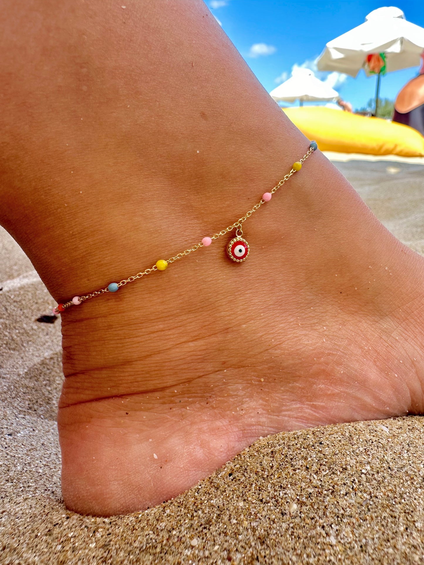 Evil Eye Anklet handcrafted in 18 karat gold with enamel points and enamel evil eye charm - Ella Creations jewelry