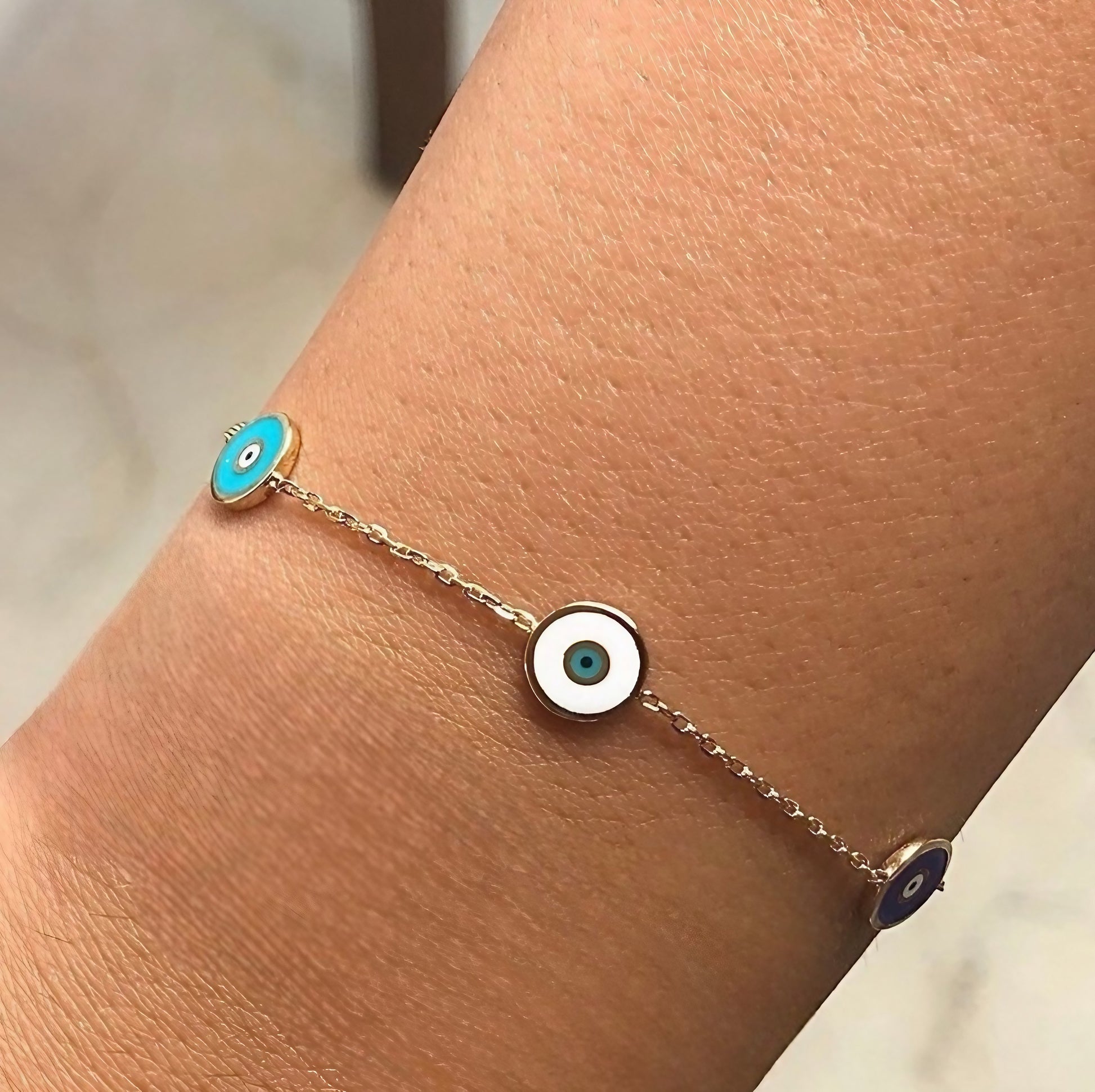 Evil Eye white blue turquoise charms handcrafted in solid gold 18k | Ella Jewelry Creations 