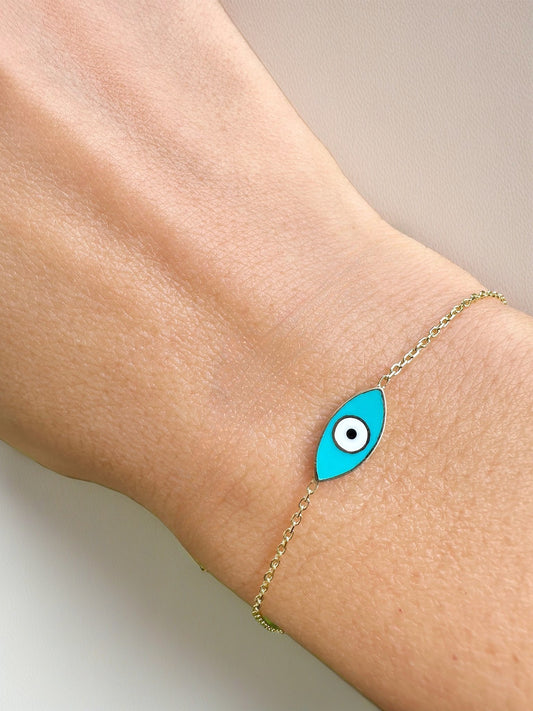 Evil Eye Bracelet featuring marquise shape Ojo Turco charm (12-13mm) enameled on both sides, select your favorite finish among the available enamel options | Ella Creations Jewelry