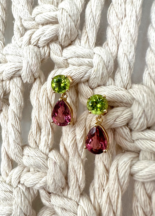 Gemstone drop earrings featuring peridot and tourmaline stones, elegant earrings | Ella Creations Jewelry