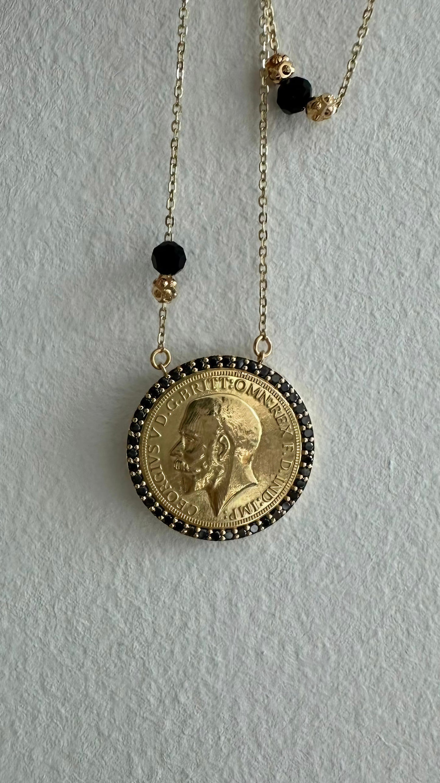 Coin Gold Necklace with black halo diamonds handcrafted in 18 karat gold | Ella Creations Jewelry