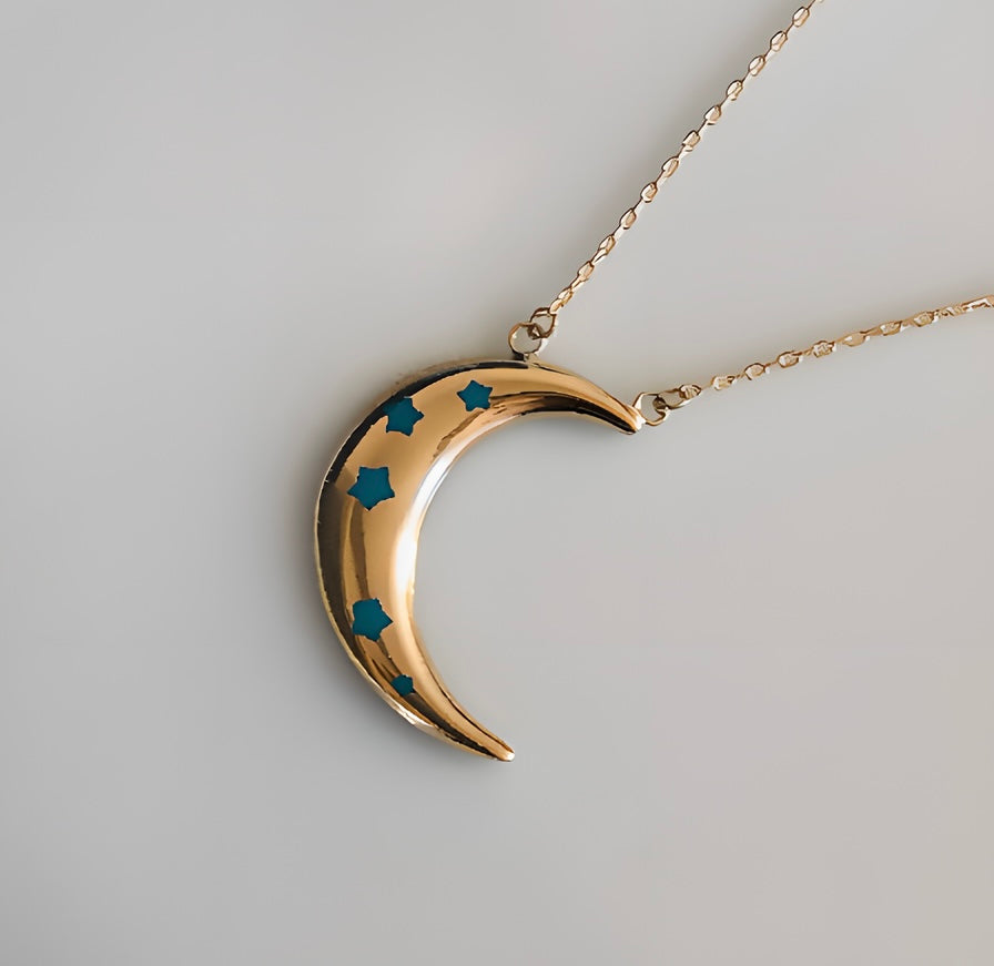 Gold Crescent Moon and stars 18k gold necklace | Ella Creations Jewelry