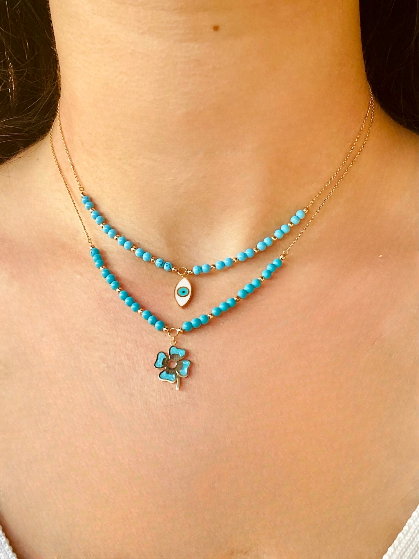 Turquoise gold necklace with gold beads and evil eye charm and hamsa pendant | Ella Creations jewelry